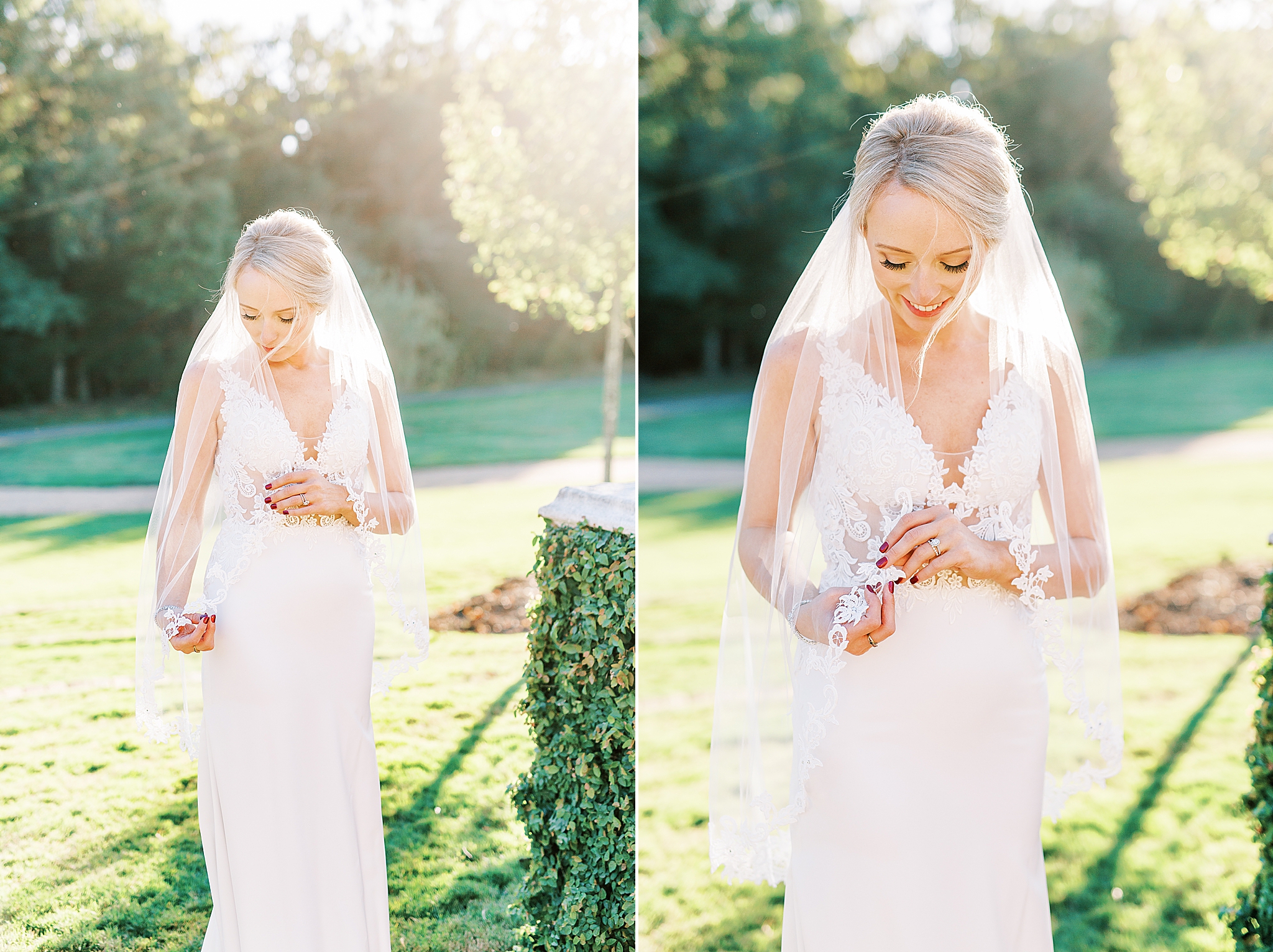 fall bridal portraits with bride holding veil