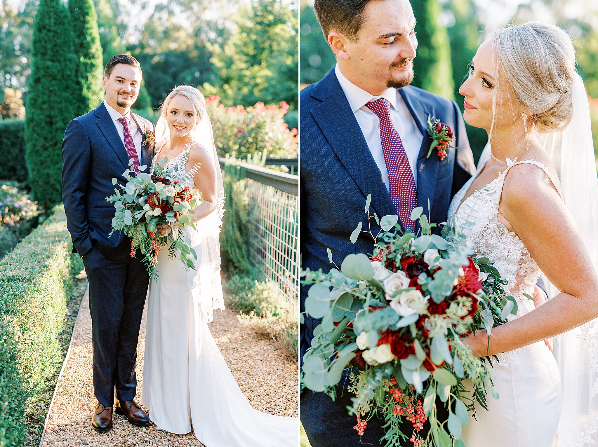 bride and groom stand on walkway at The Andrews Farm