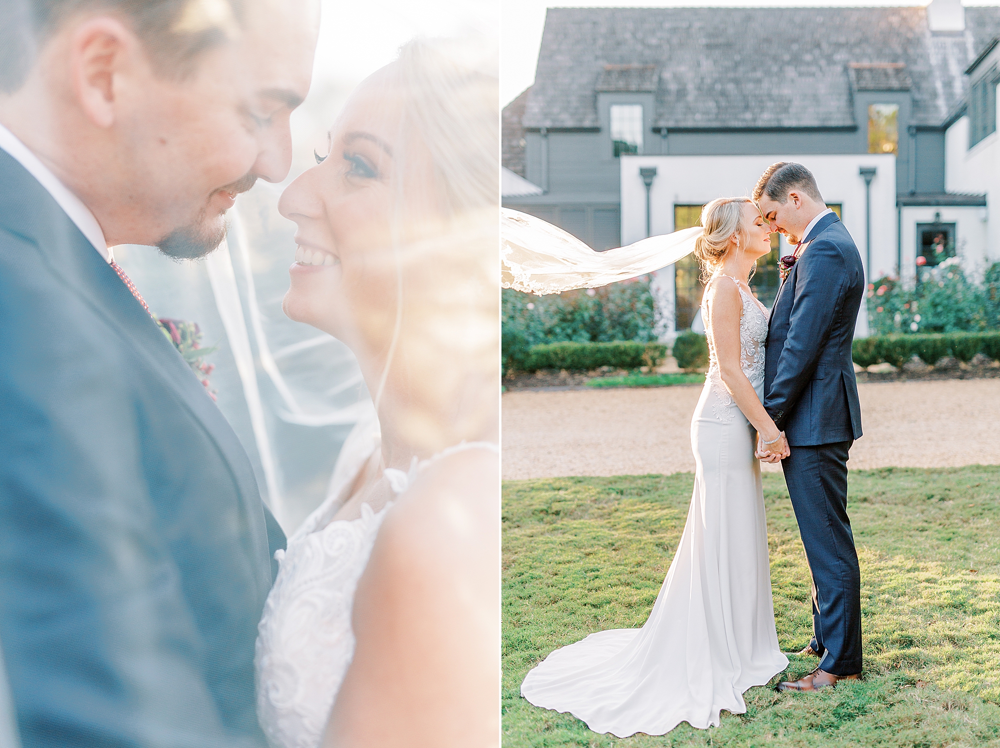newlyweds pose under bride's veil