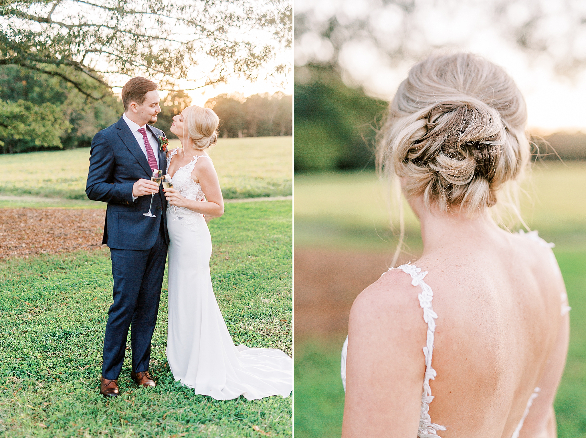 newlyweds in Midland NC pose with champagne