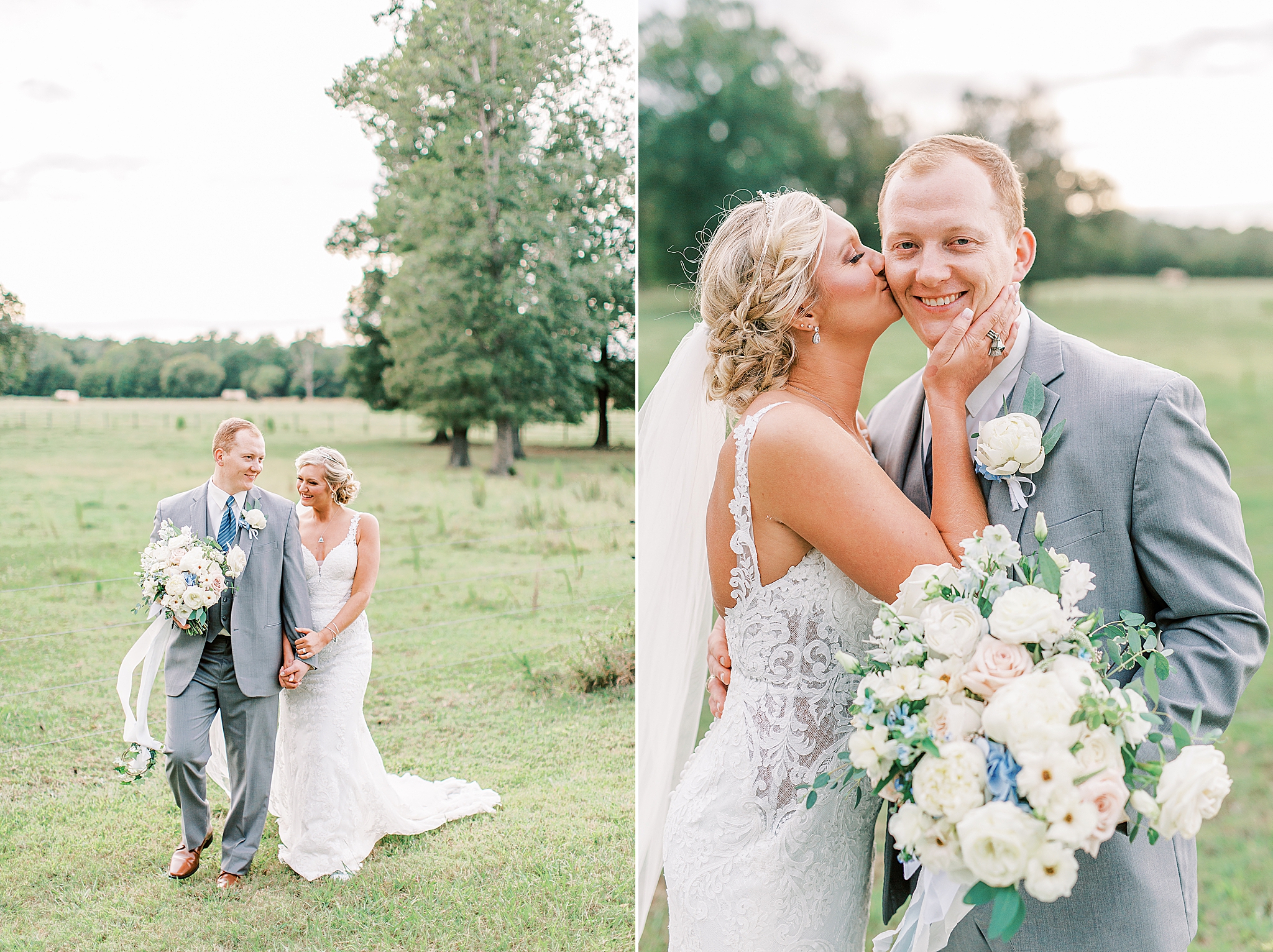 bride kisses groom on cheek during NC wedding portraits on farm