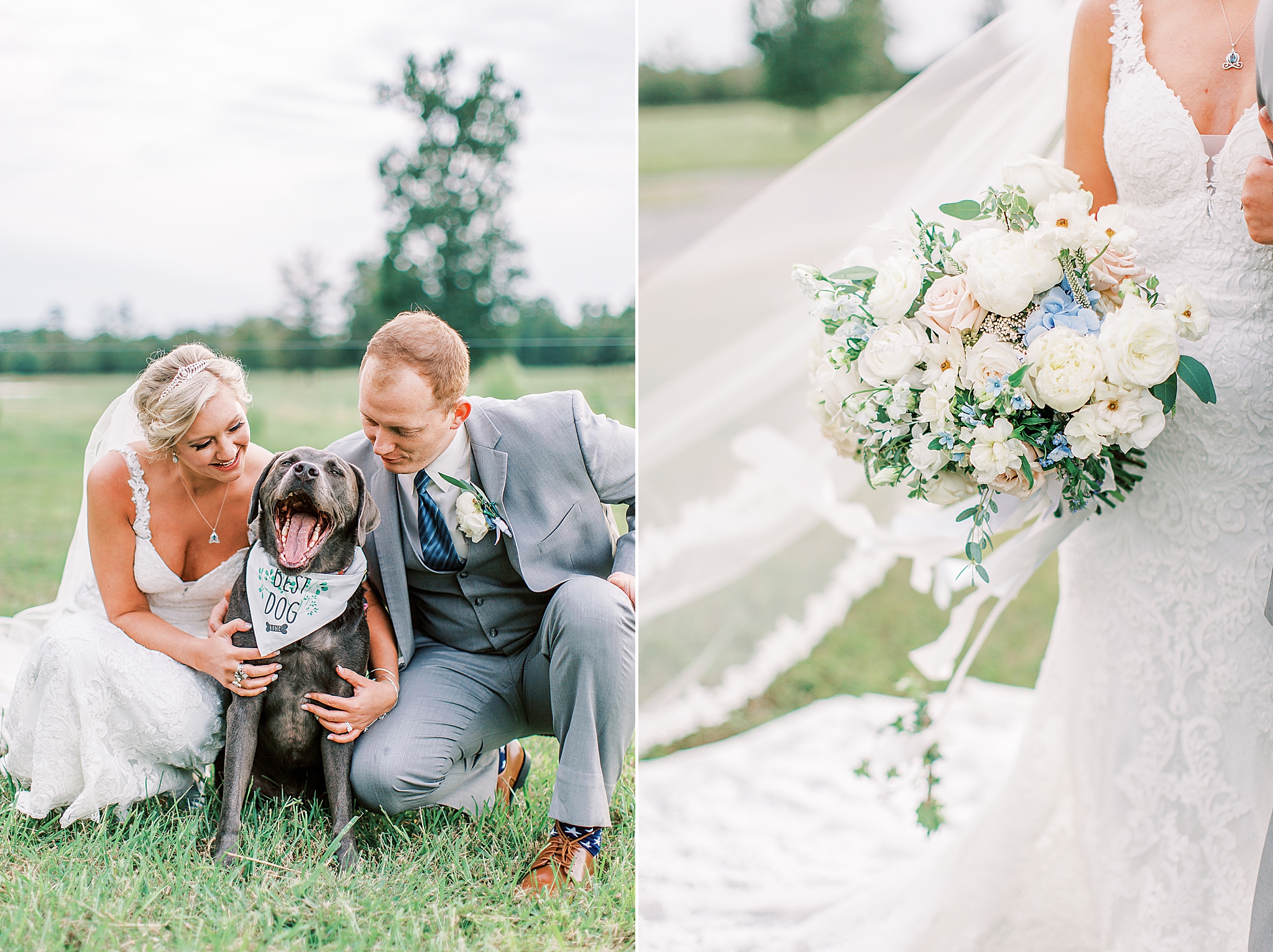 bride and groom have dog during wedding photos