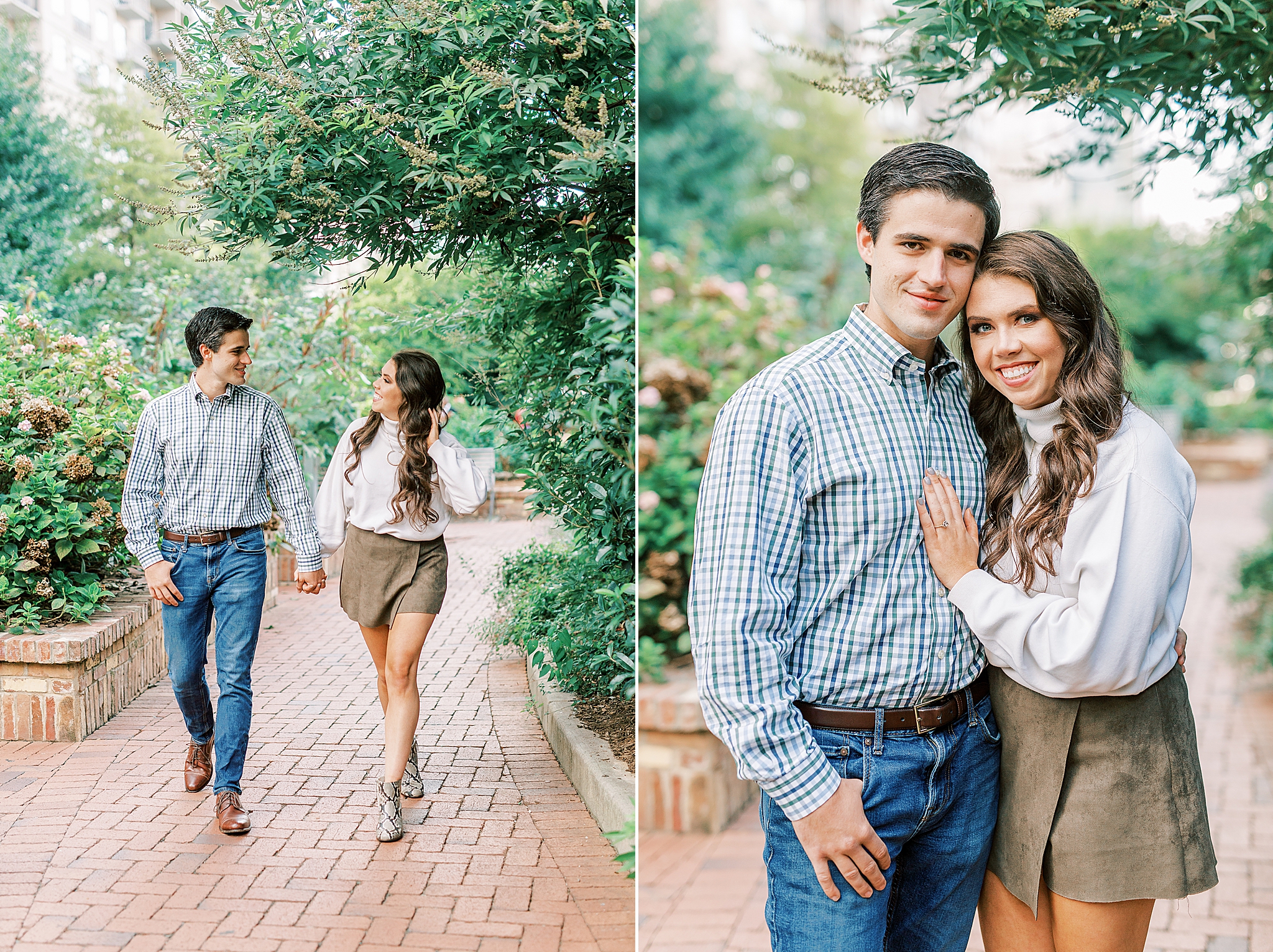 stylish engaged couple poses in city park