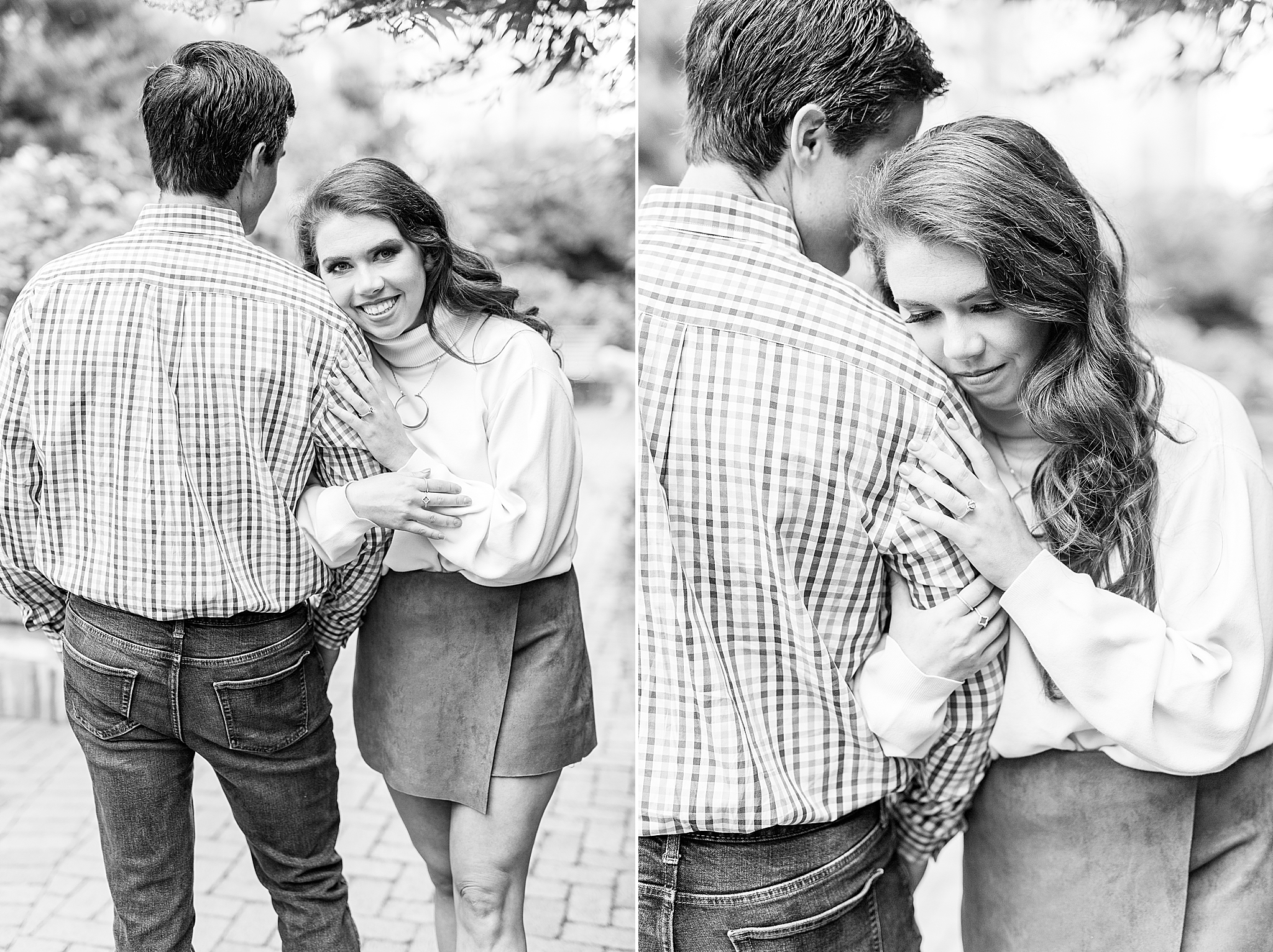 engaged couple poses in park in Uptown CLT