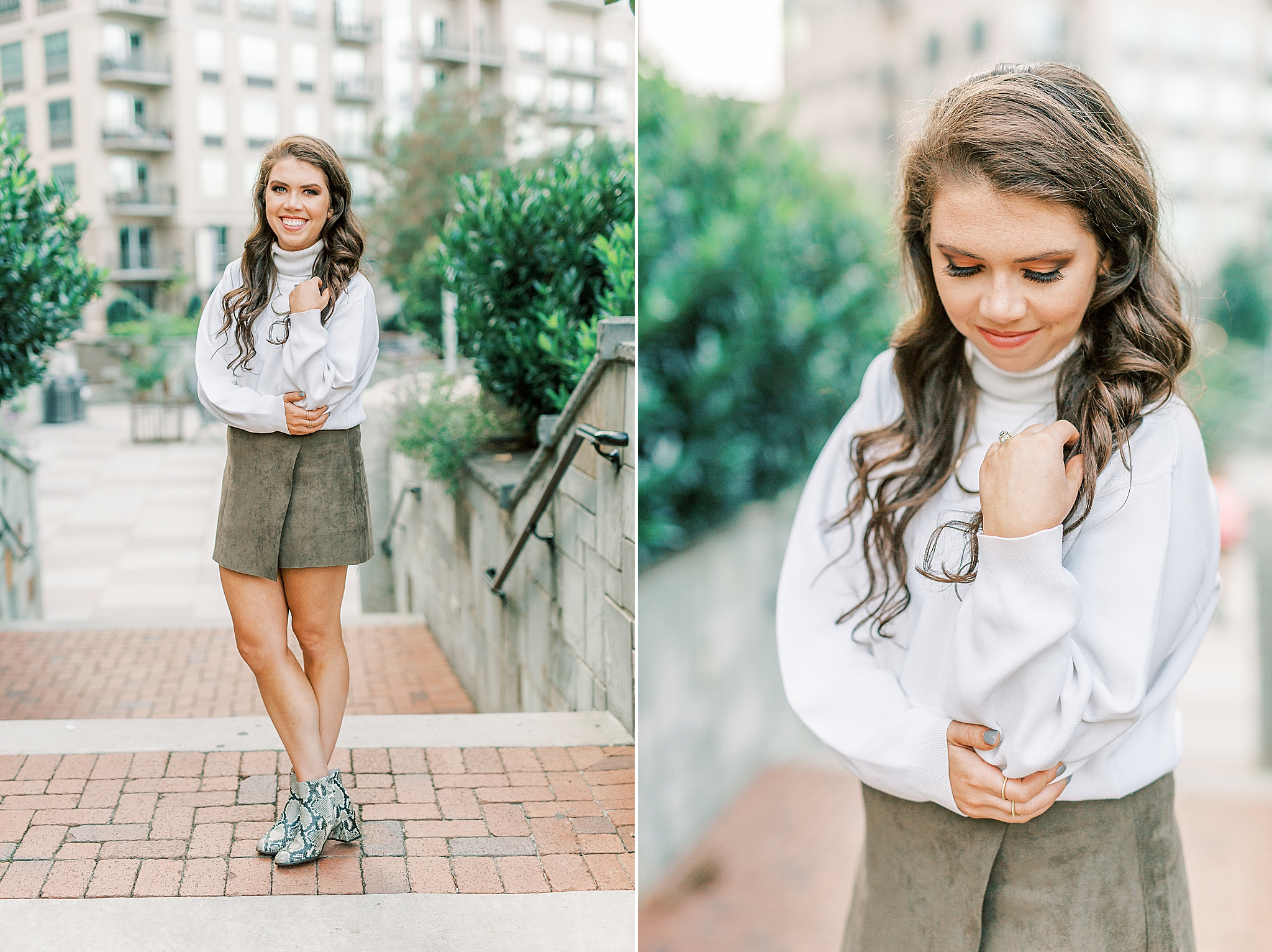 bride poses during fall engagement photos