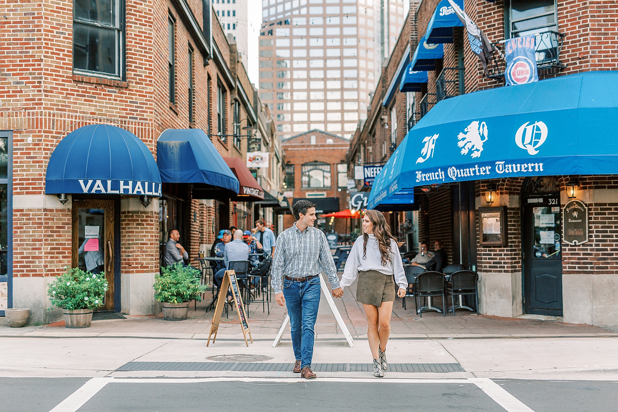 engaged couple walks in Charlotte NC