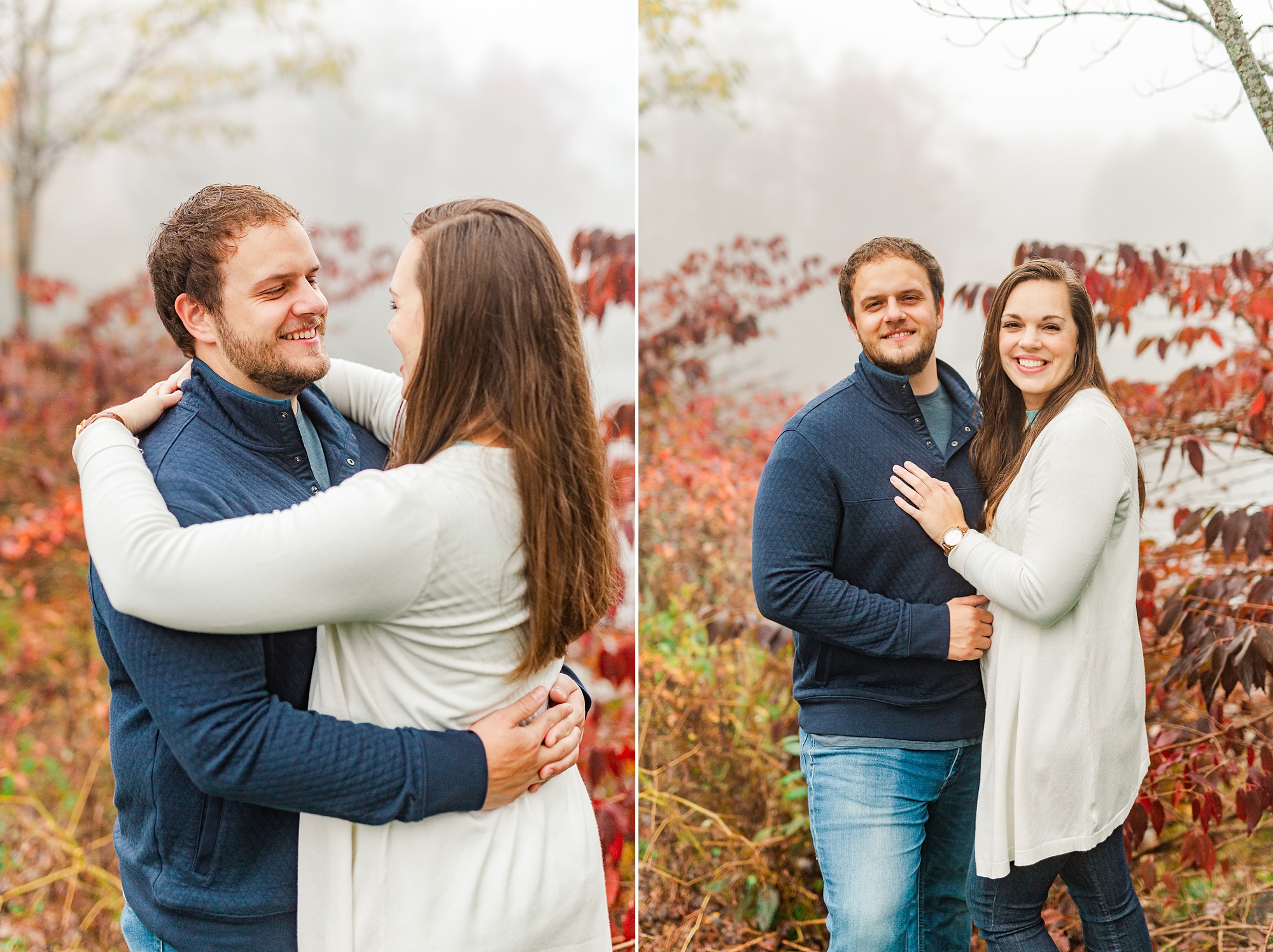 engaged couple poses by red tree during NC engagement photos