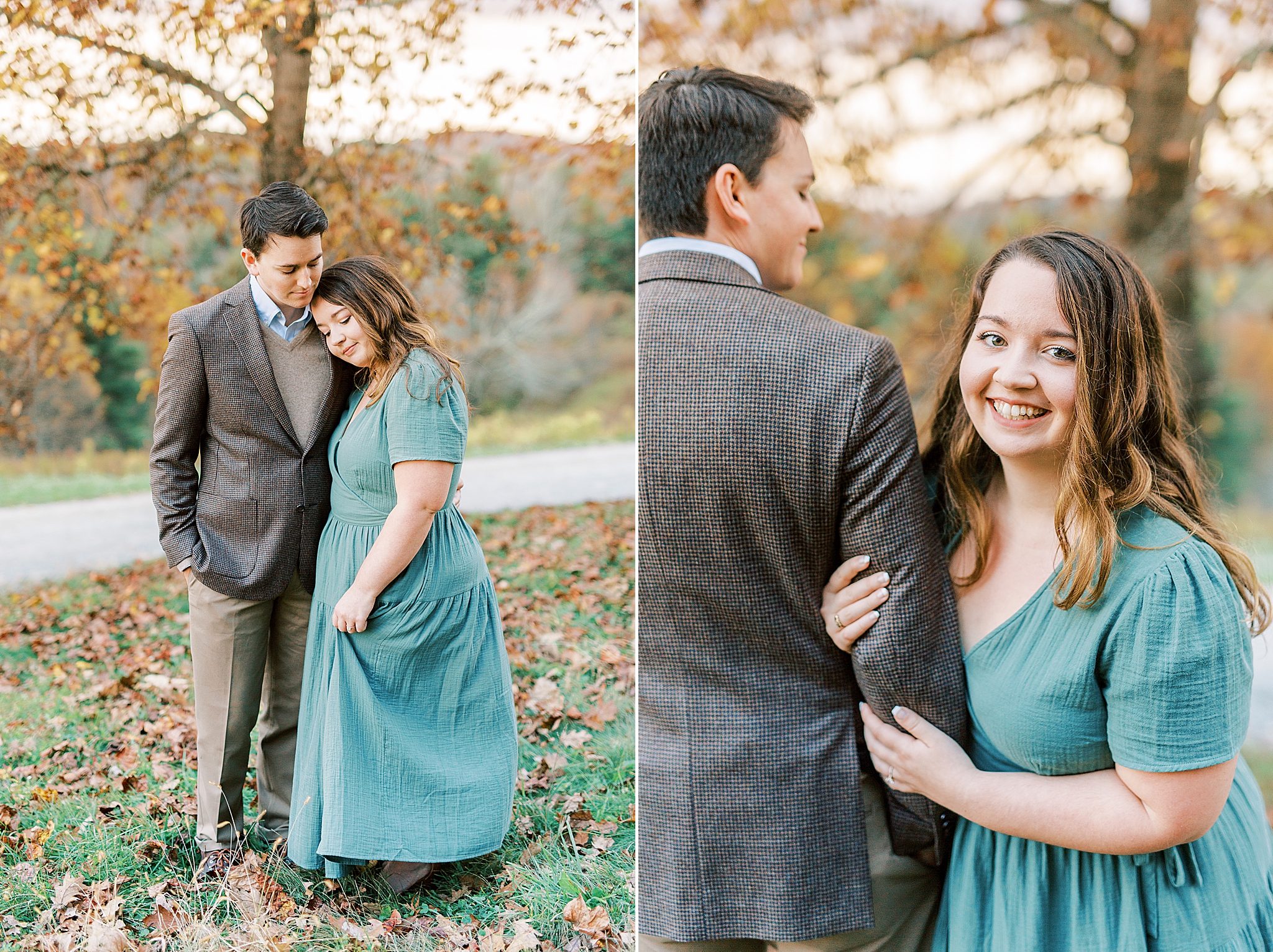 bride holds onto groom's arm during fall engagement photos
