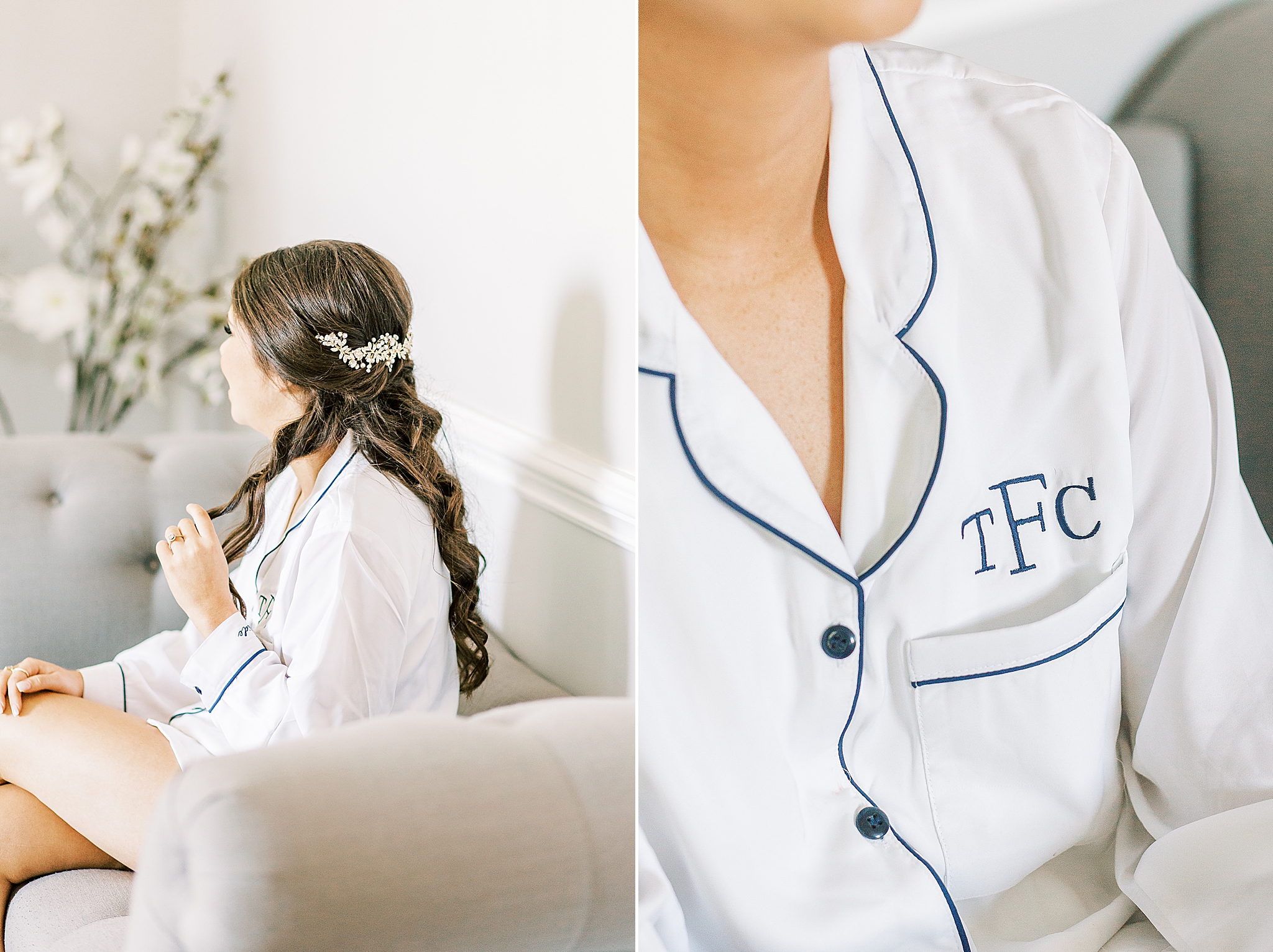 bride in monogramed pajamas prepares for CLT wedding