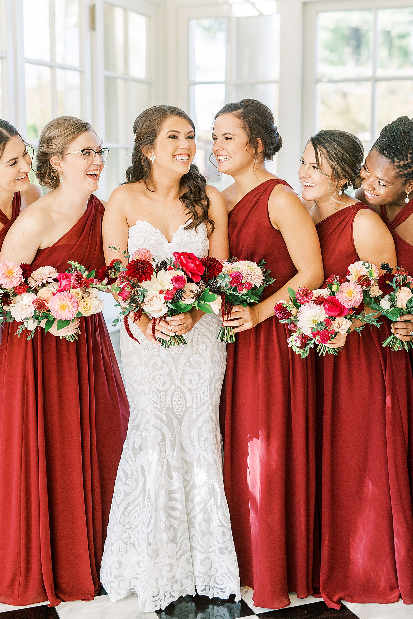 bridesmaids laugh with bride before Separk Mansion wedding