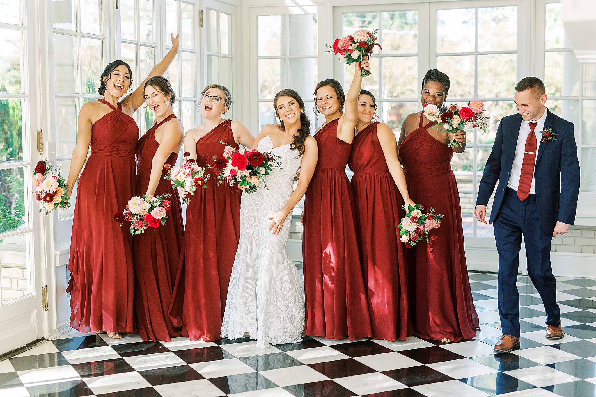 bridesmaids cheer during NC wedding