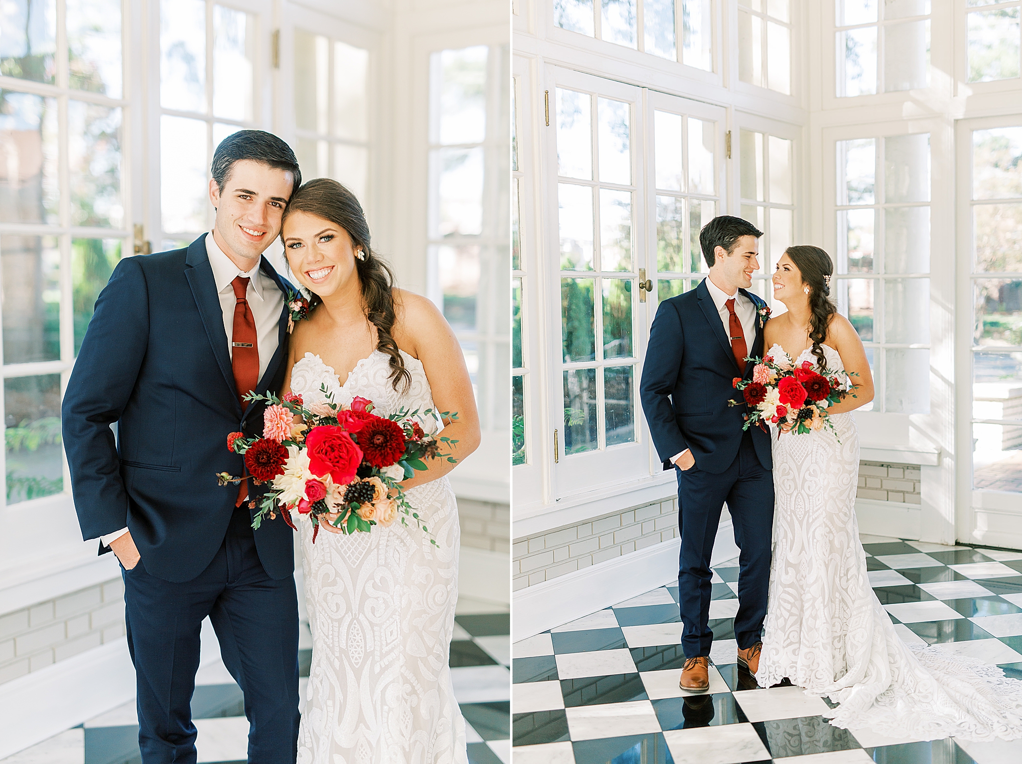 bride and groom pose in black and white room at Separk Mansion
