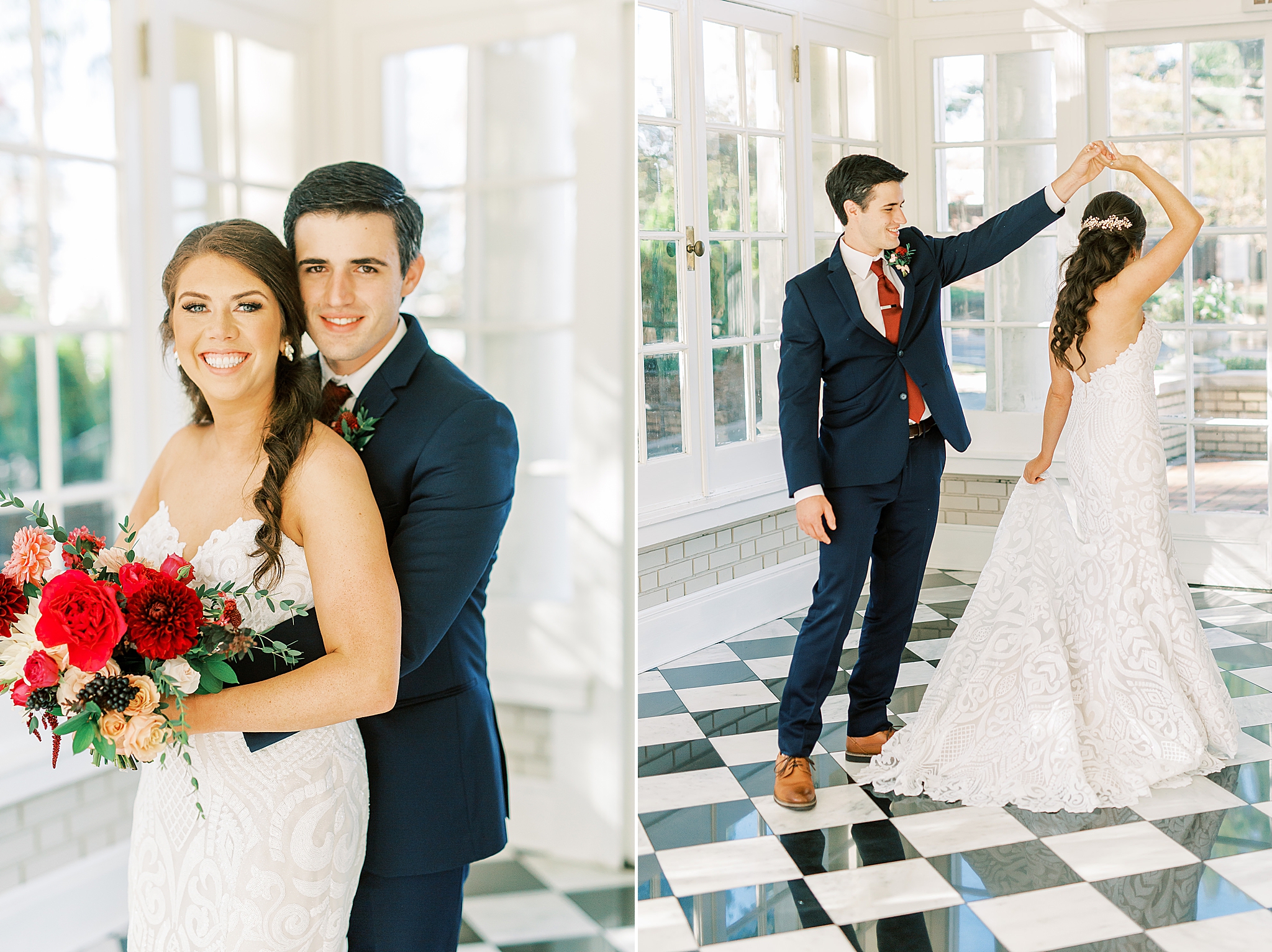 groom twirls bride during NC wedding portraits