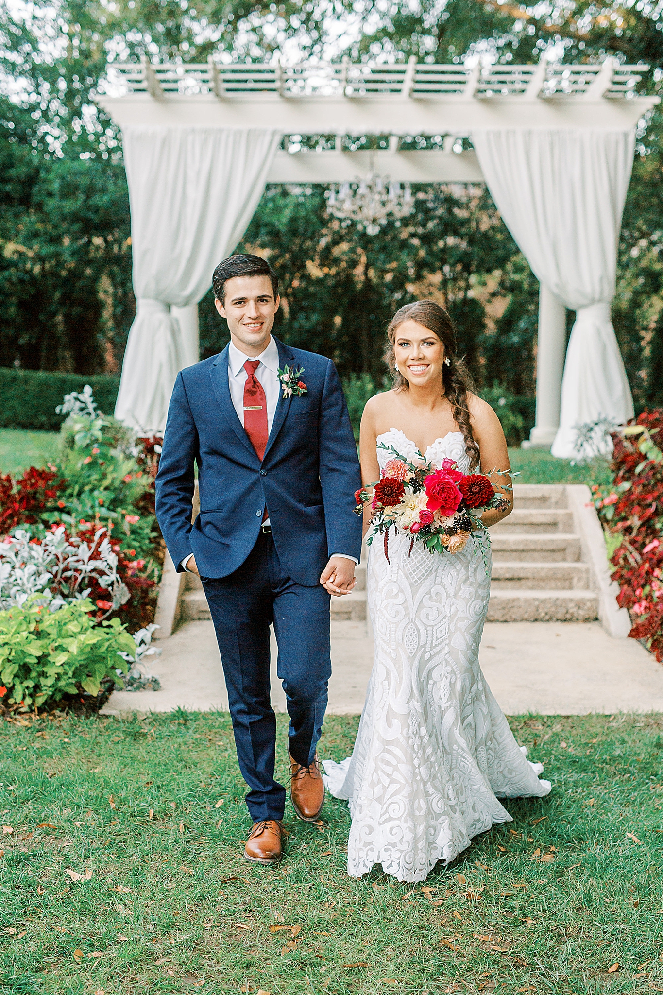 Charlotte NC wedding portraits of bride and groom in garden