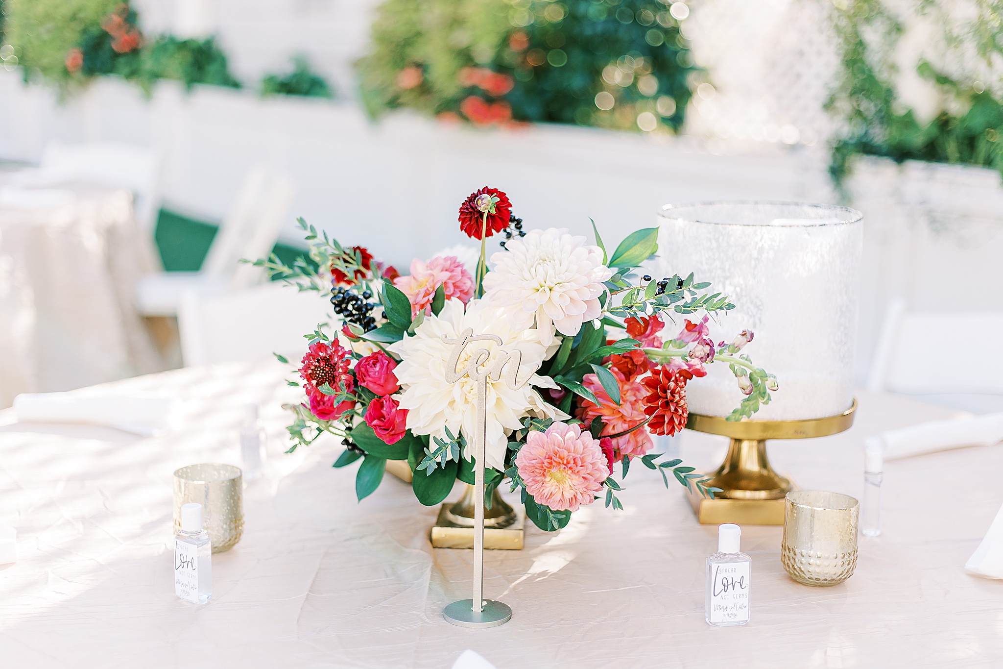fall wedding reception centerpieces with gold containers