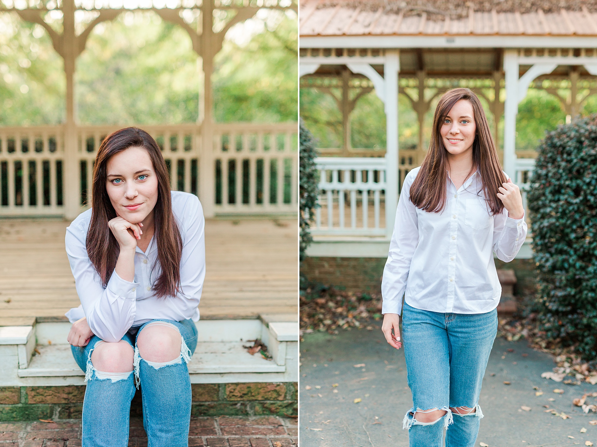 senior sits on gazebo at Sloan Park during senior photos