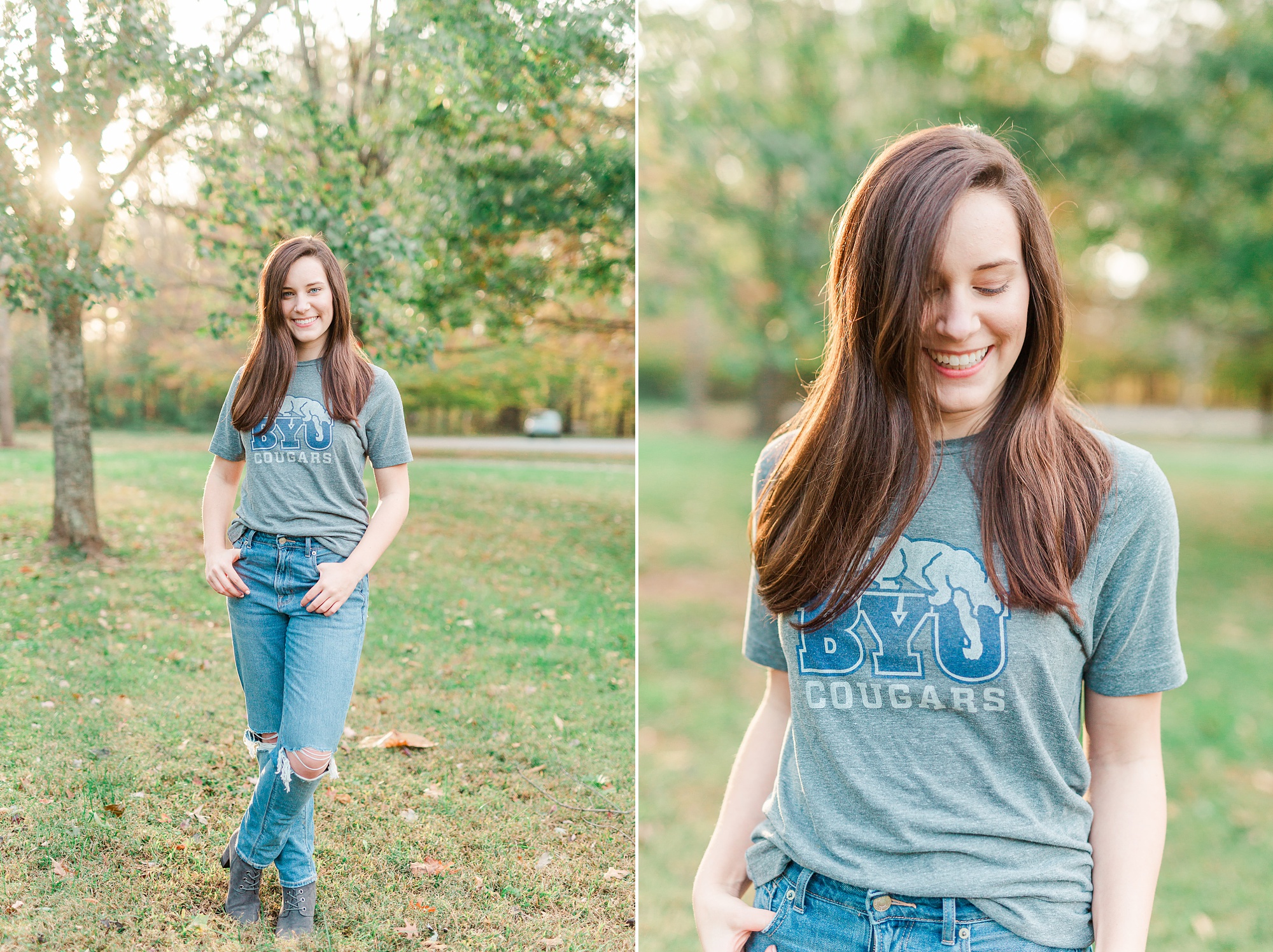 senior shows off BYU shirt during senior photos