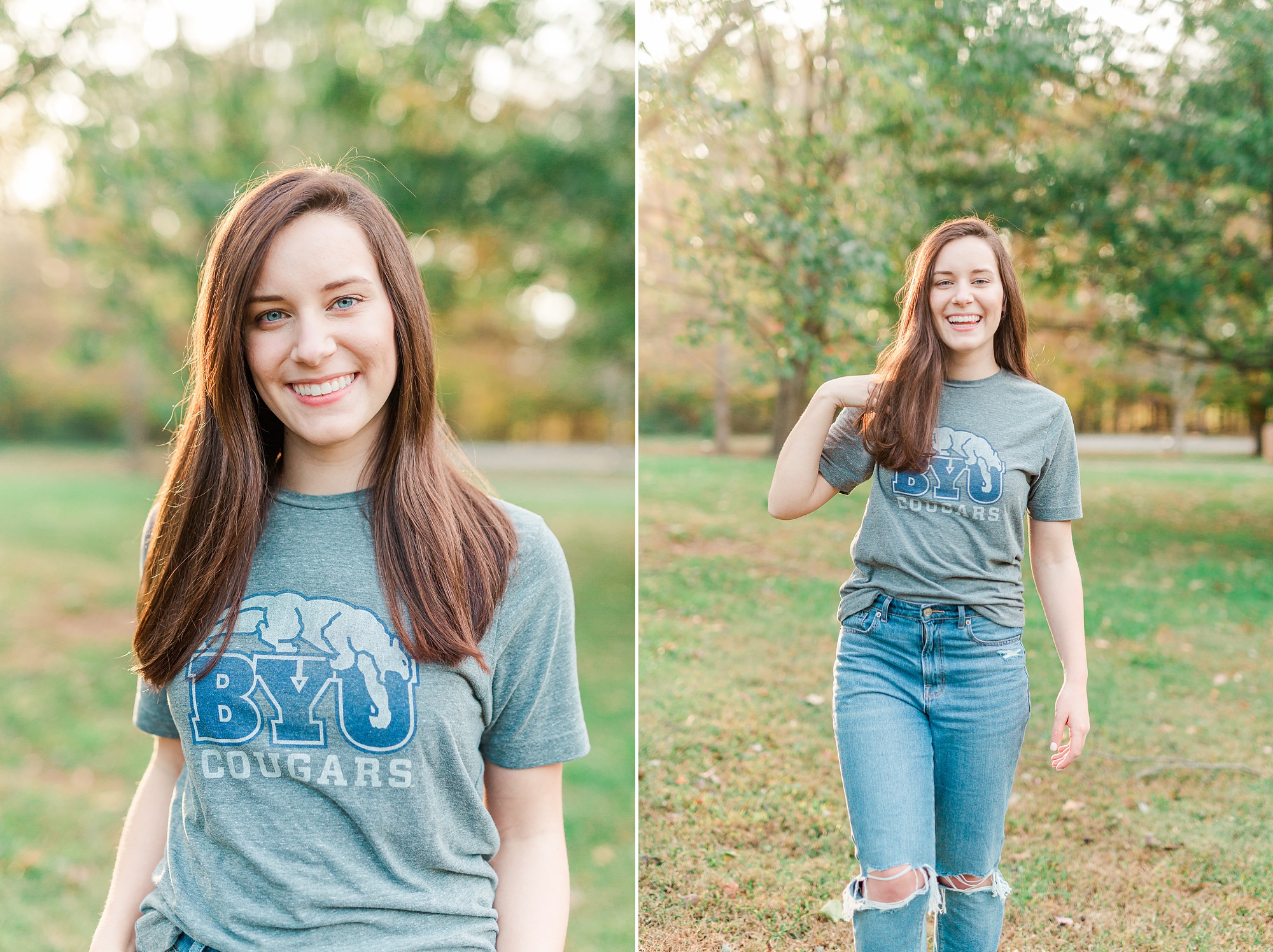 senior shows off BYU shirt during fall senior photos at Sloan Park