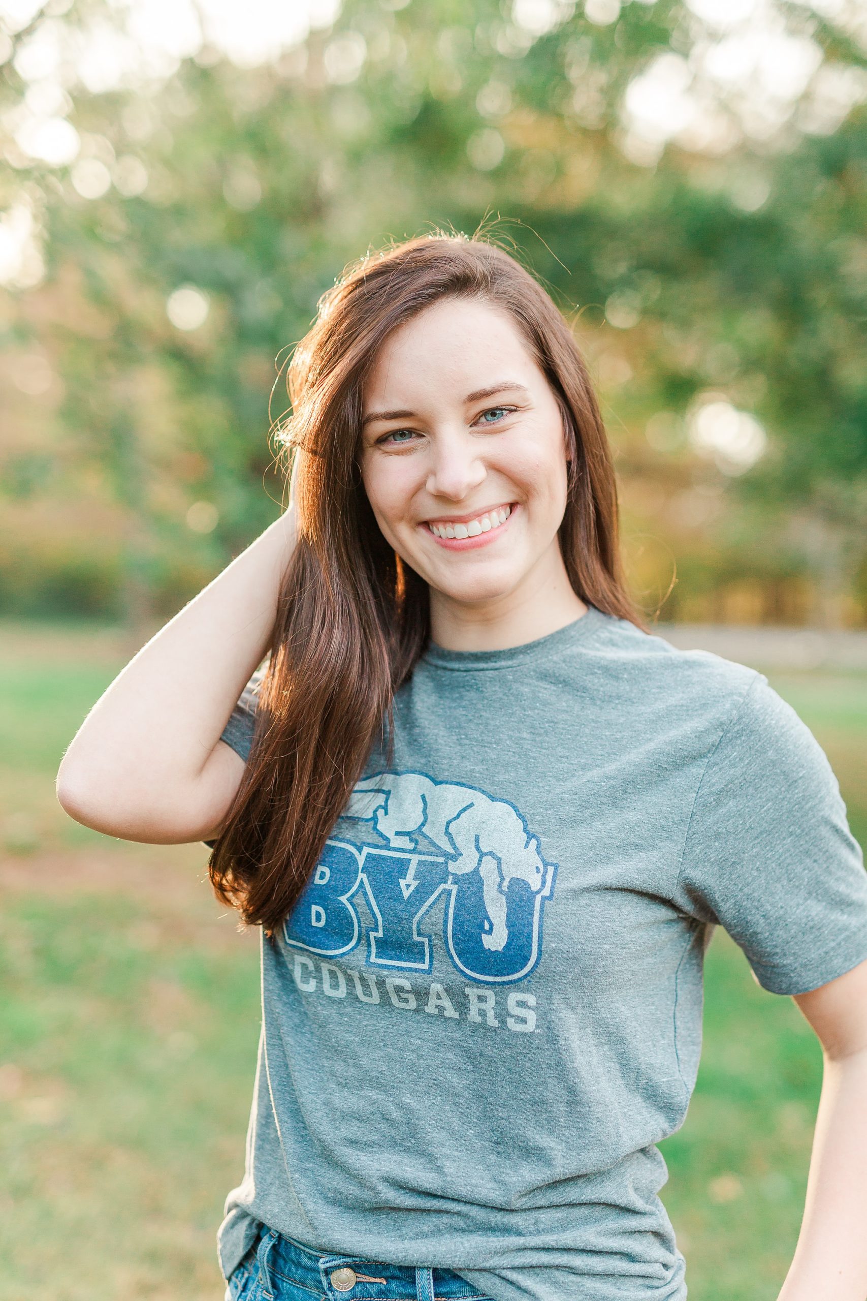 BYU shirt for senior during photos at Sloan Park