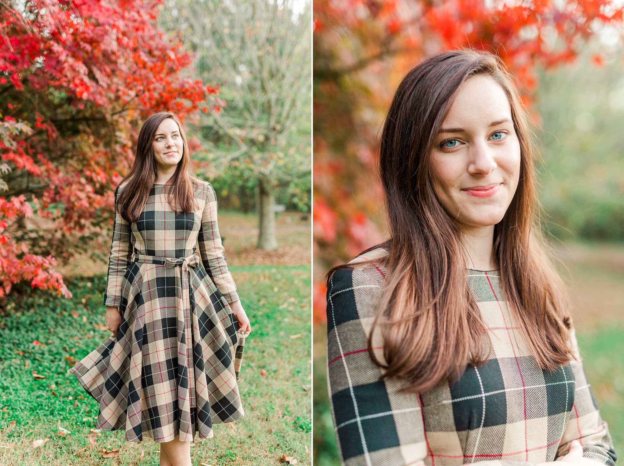 senior smiles during fall senior photos at Sloan Park