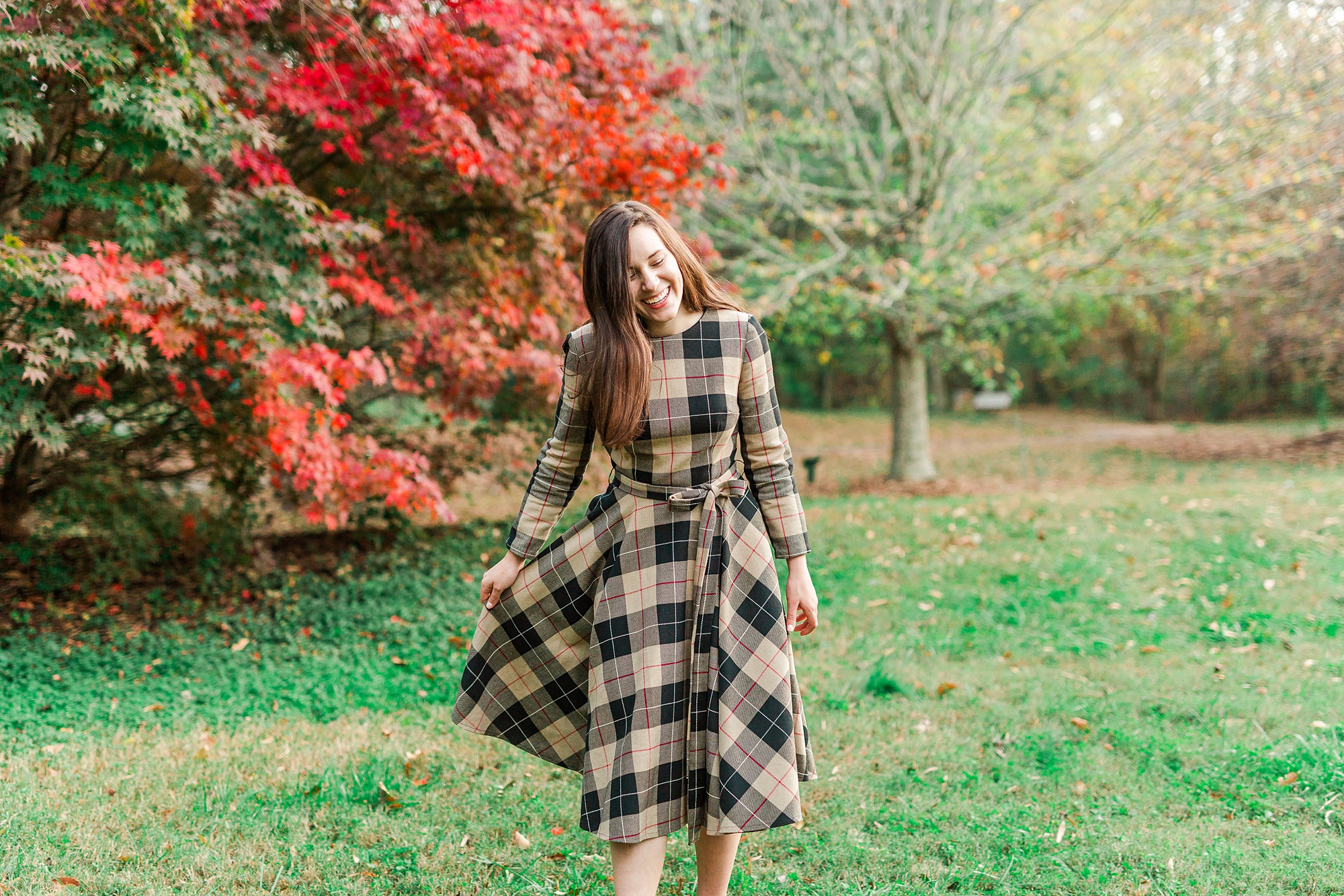 fall senior portraits by red and orange tree