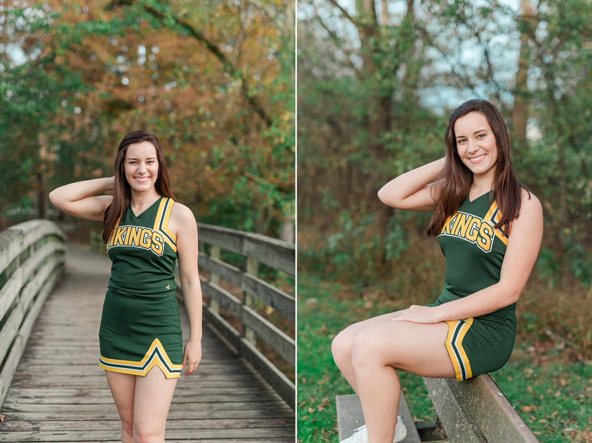 senior in cheerleading outfit poses on bridge