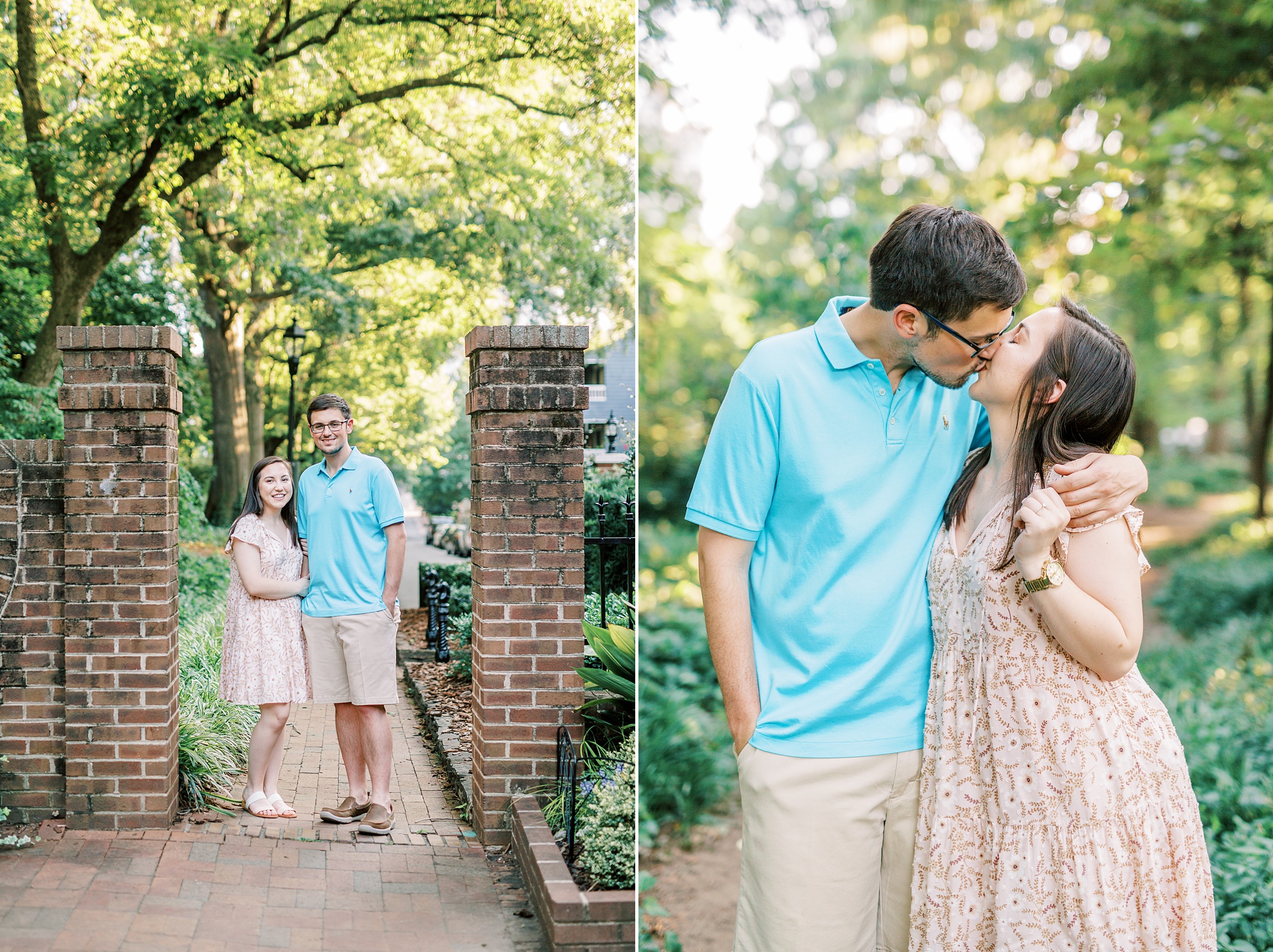 couple kisses by brick gate of Fourth Ward Park