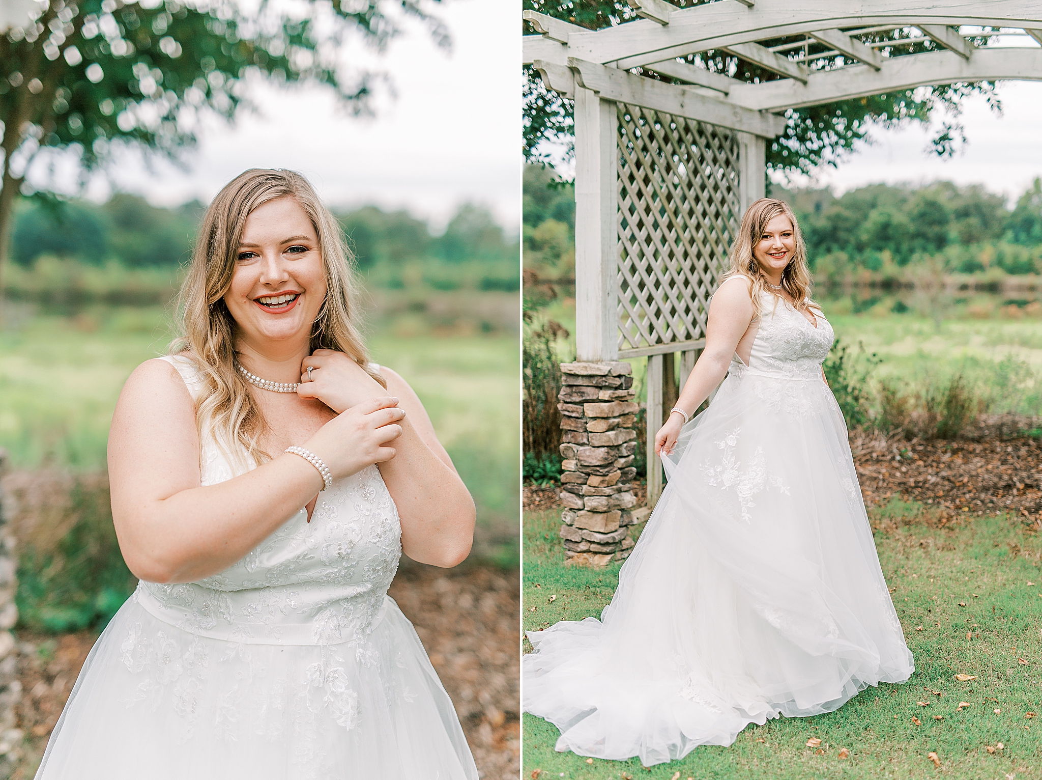 bride laughs adjusting jewelry