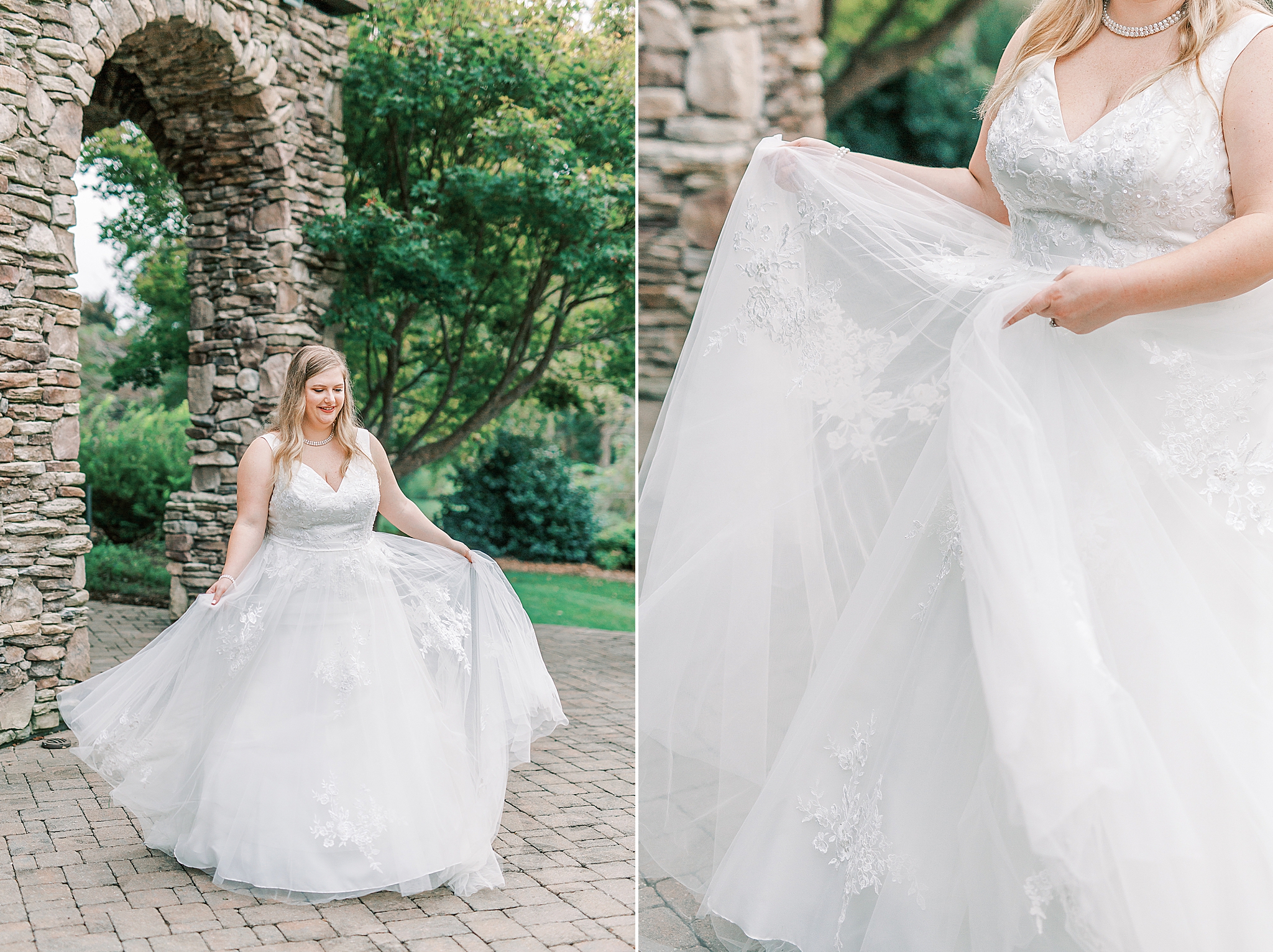 bride moves wedding dress during Cleveland NC bridal session
