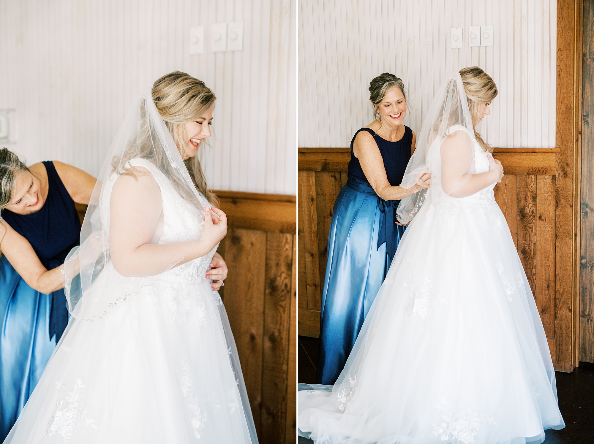 mother helps bride with dress for Arbors Events Wedding