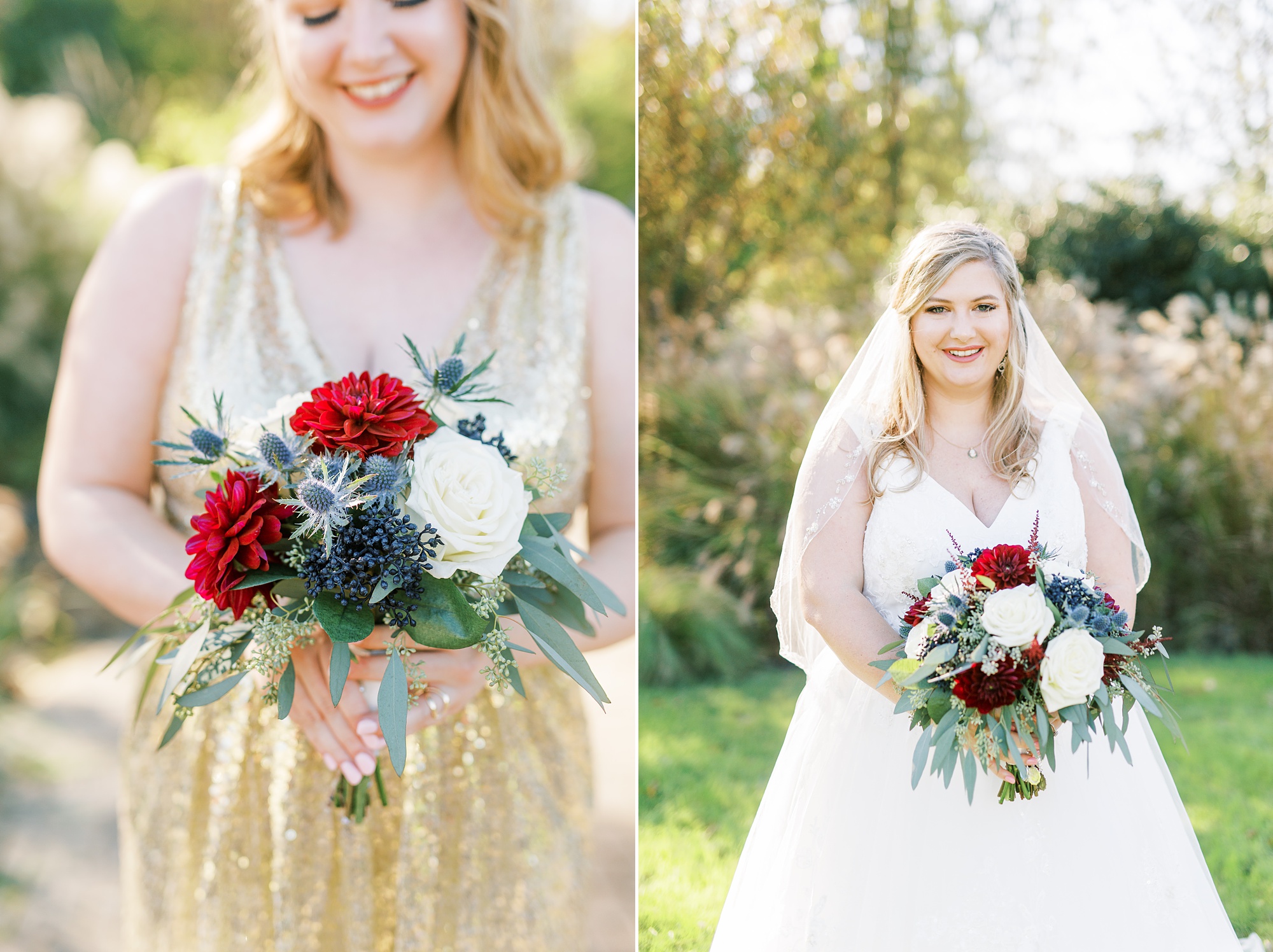 bride holds bouquet of red and white flowers