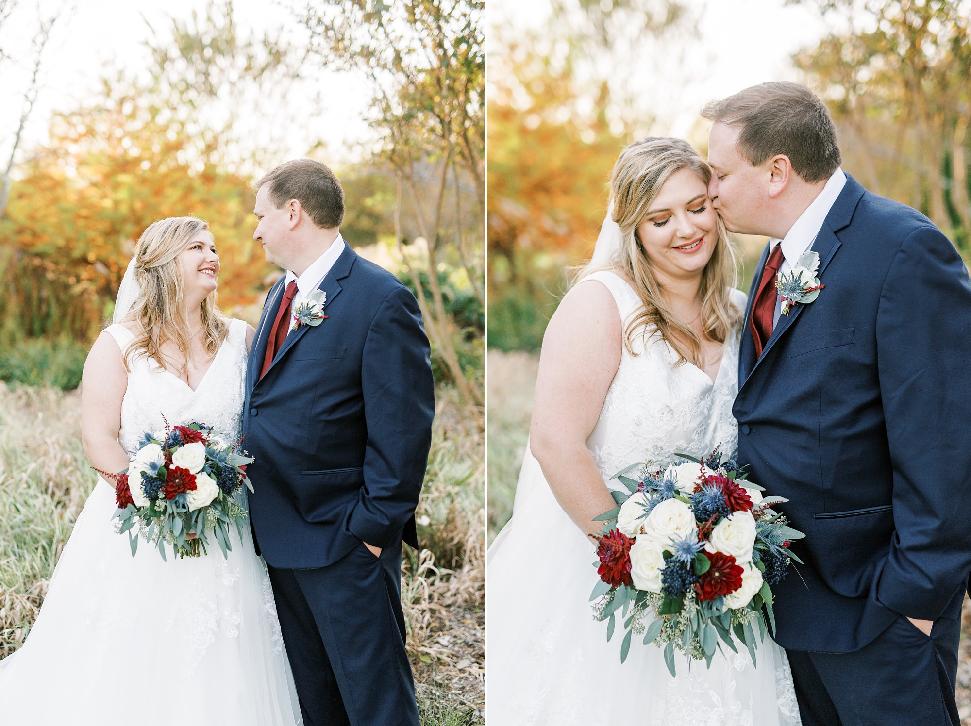groom kisses bride's temple during NC photos