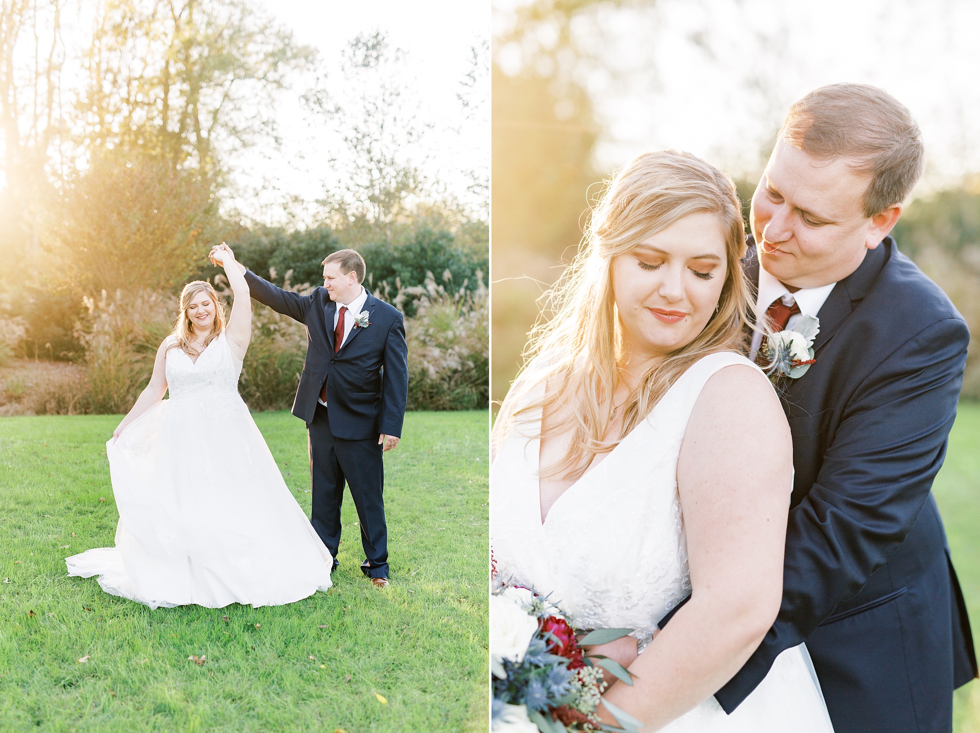 groom twirls bride and hugs her from behind