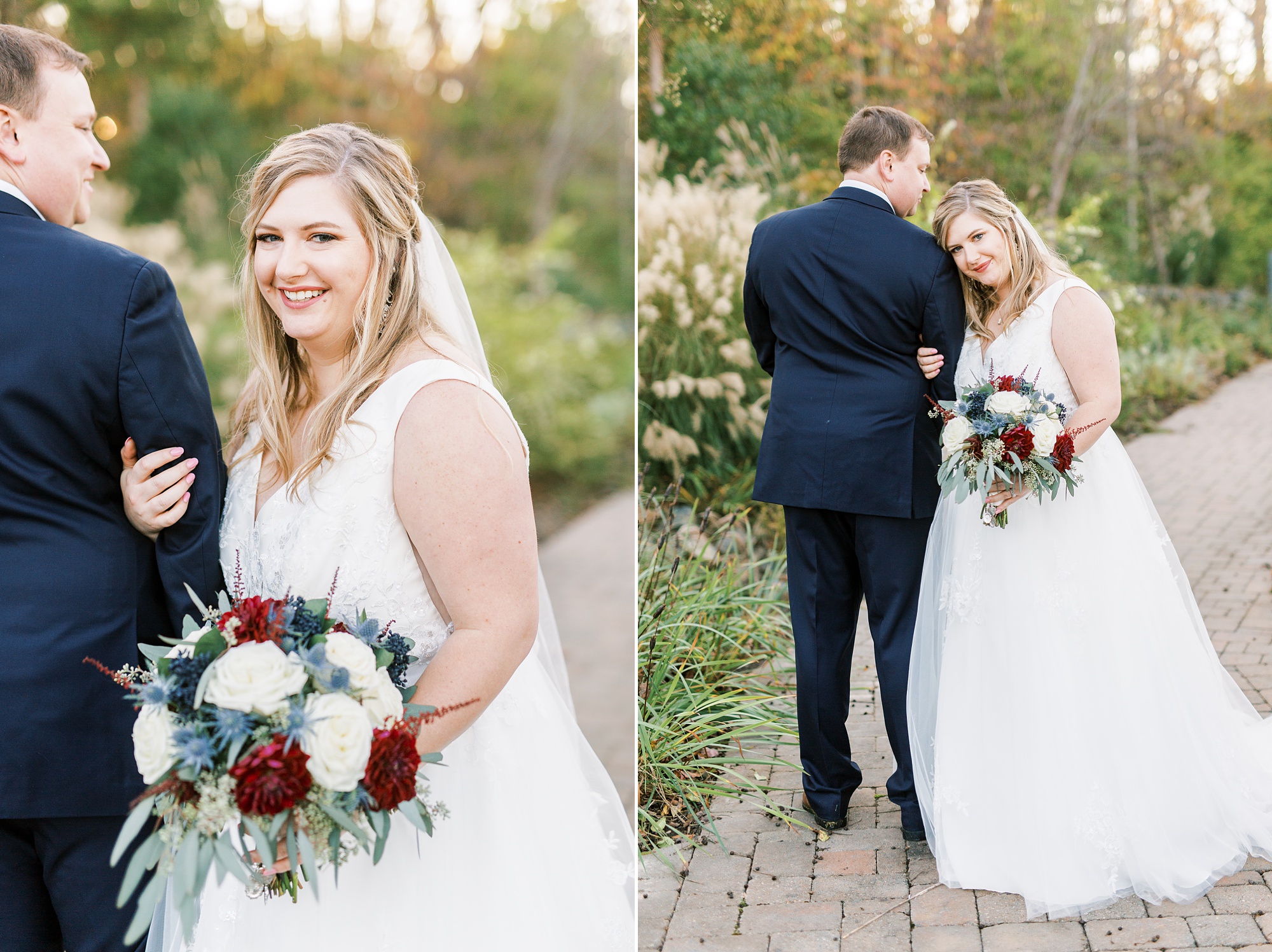 newlyweds walk through the Arbors Events gardens