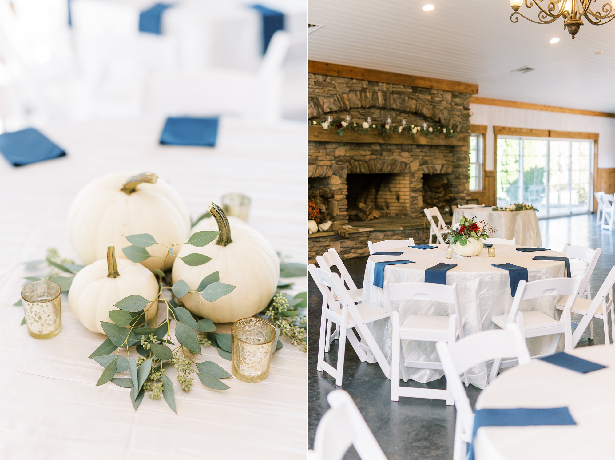 fall wedding reception centerpieces with pumpkins at the Arbors Events