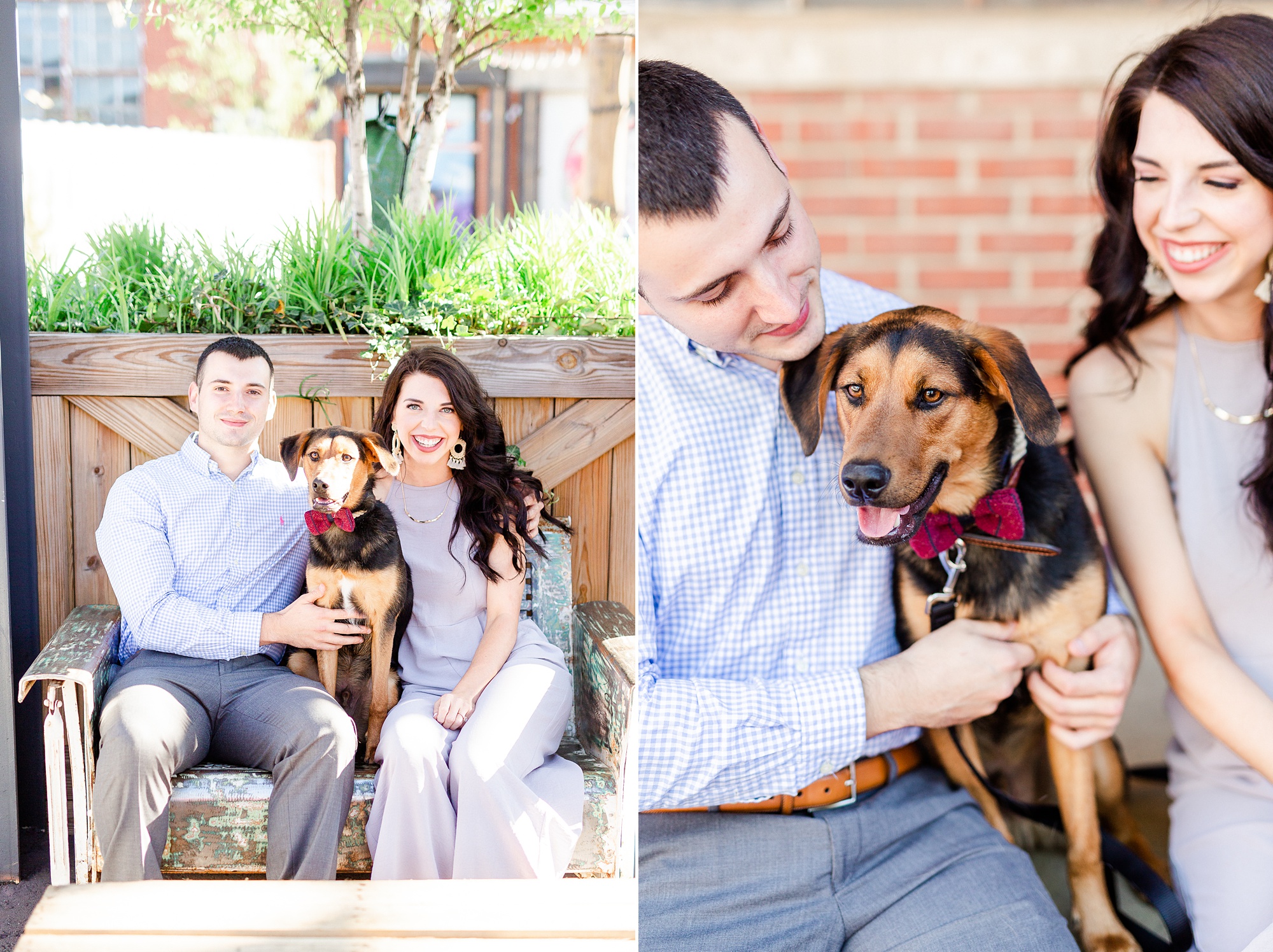 couple poses with dog during Camp North End engagement photos