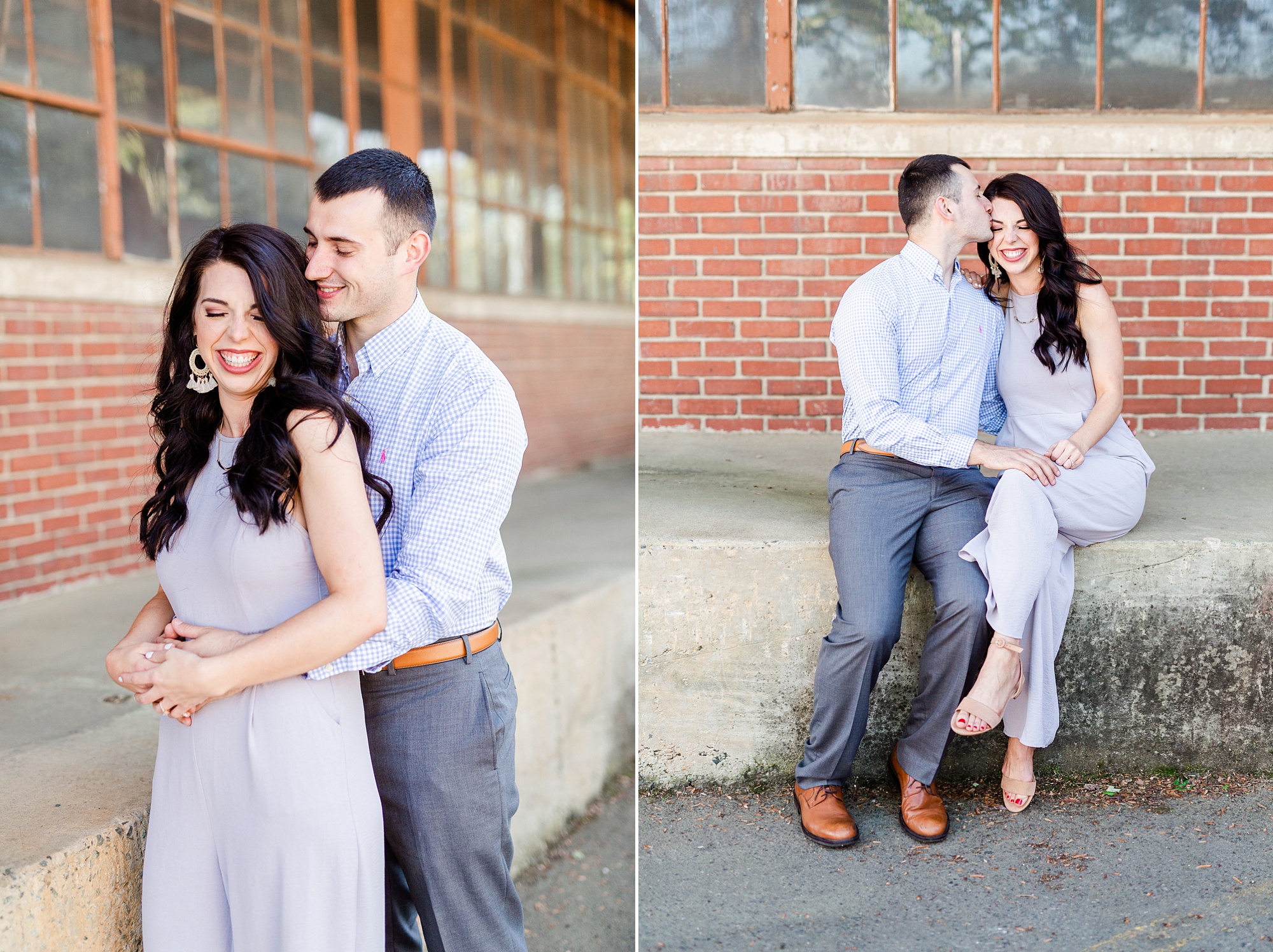 engaged couple poses by warehouse in Camp North End