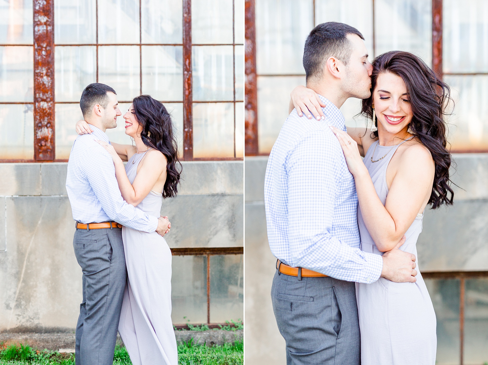 bride and groom pose by warehouse in Charlotte