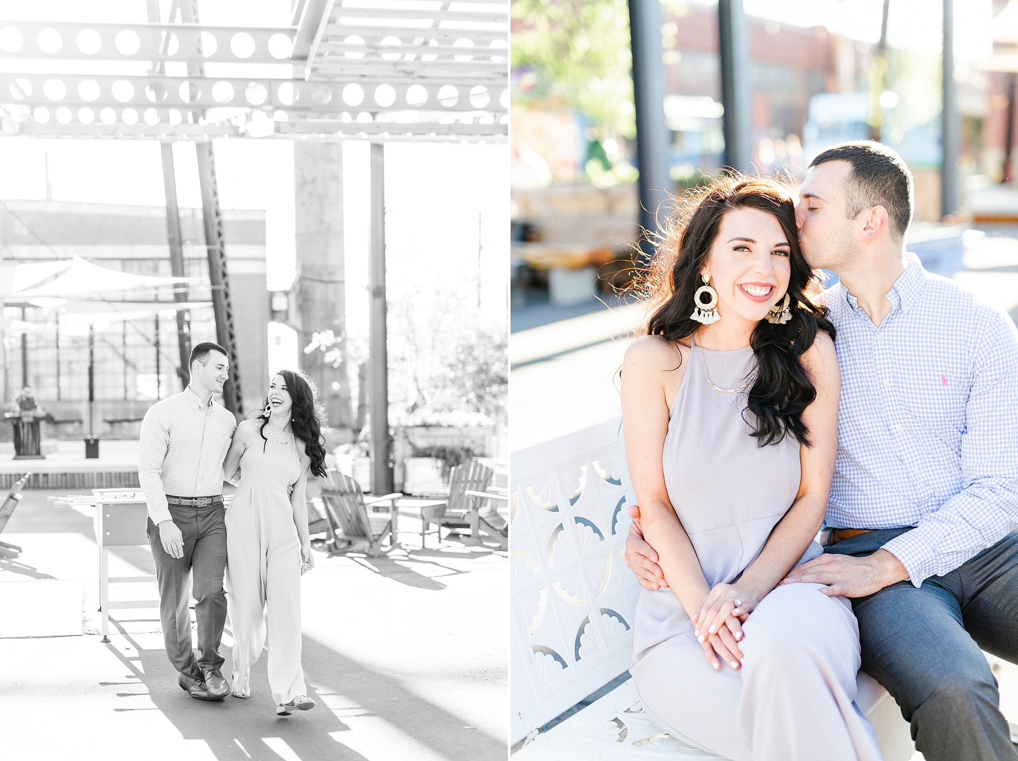 bride and groom pose together by restaurant in Camp North End