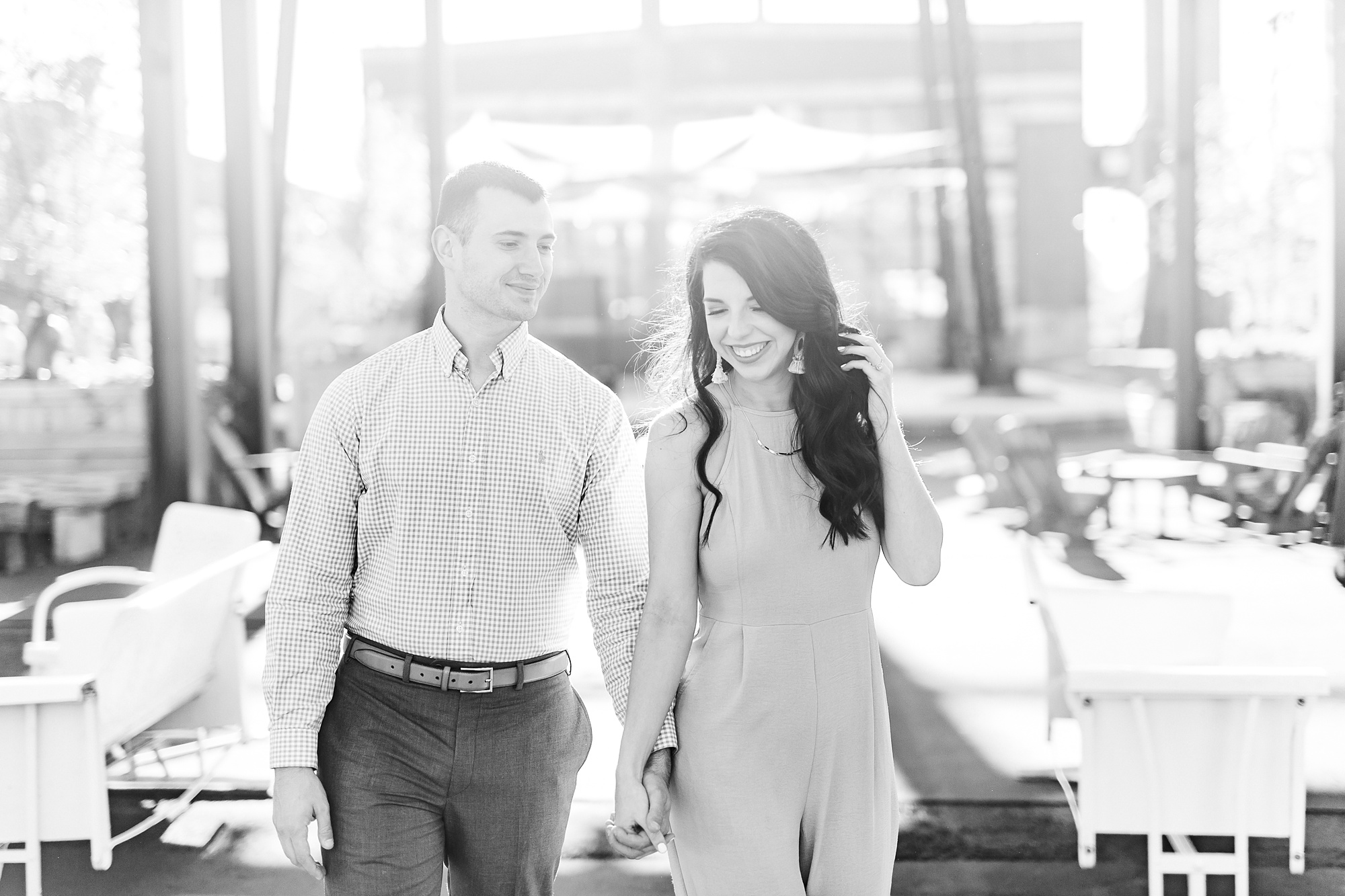 bride and groom walk through Camp North End