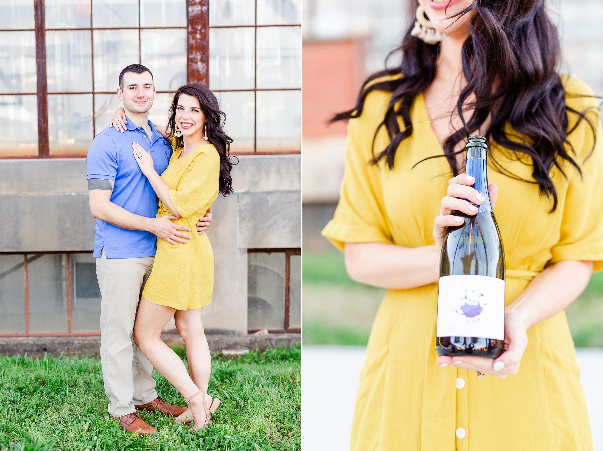 bride shows off champagne bottle