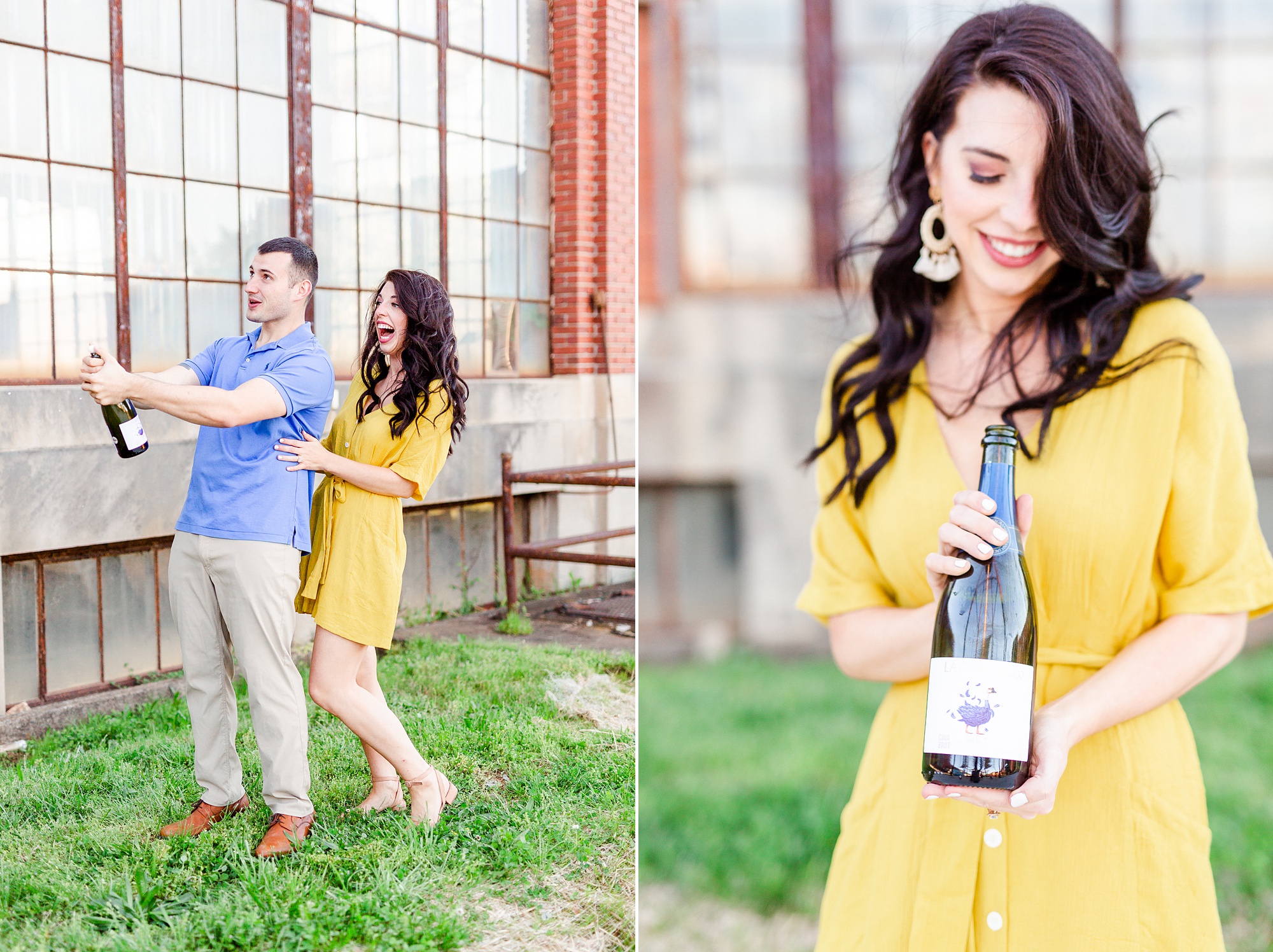 bride and groom pop champagne in Camp North End
