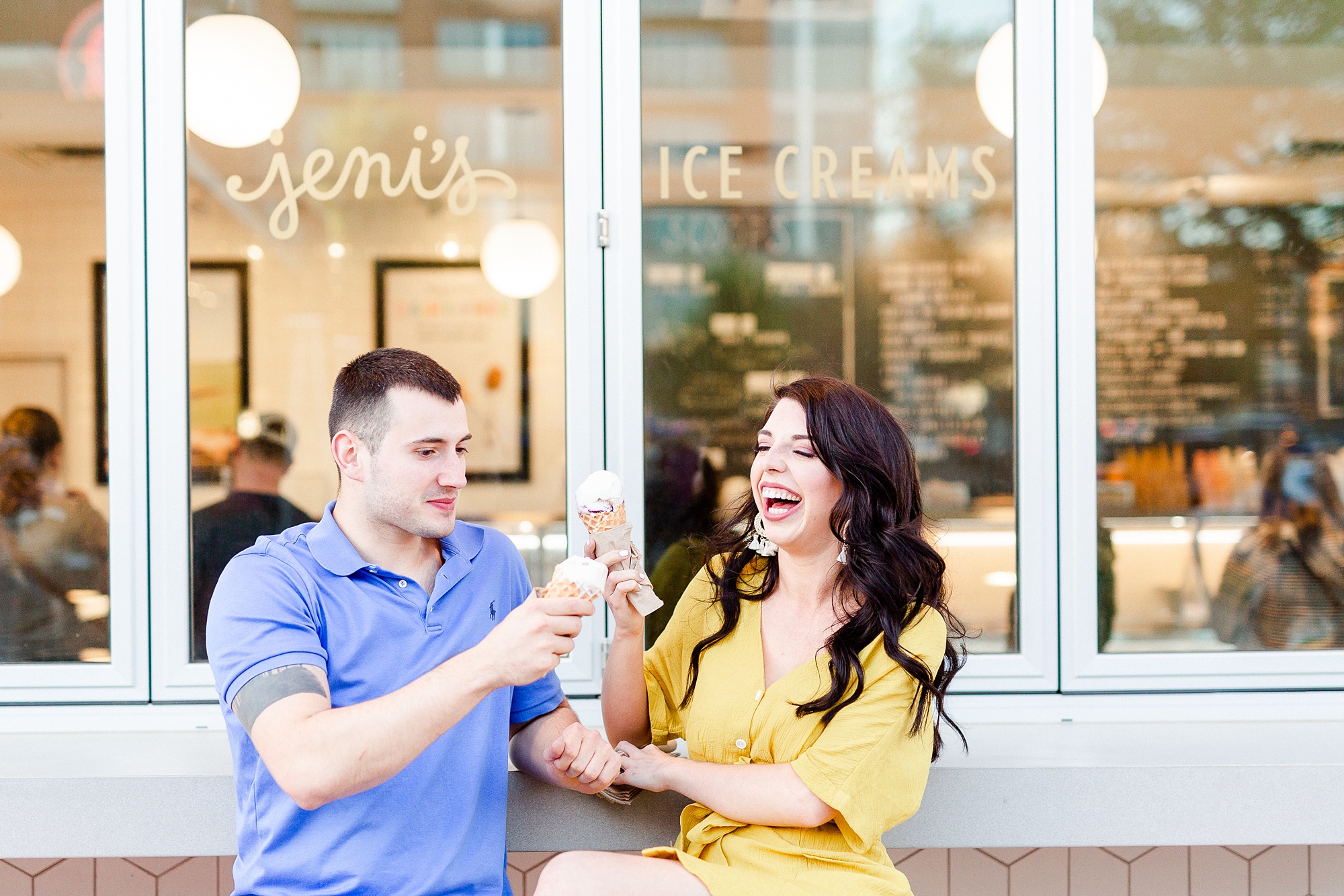 bride laughs during Jeni's Ice Creams engagement photos