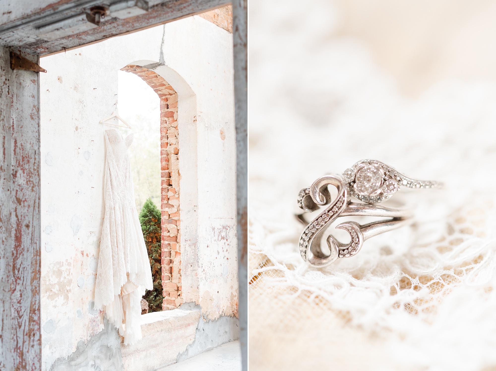 wedding dress hangs in tall window at Providence Cotton Mill