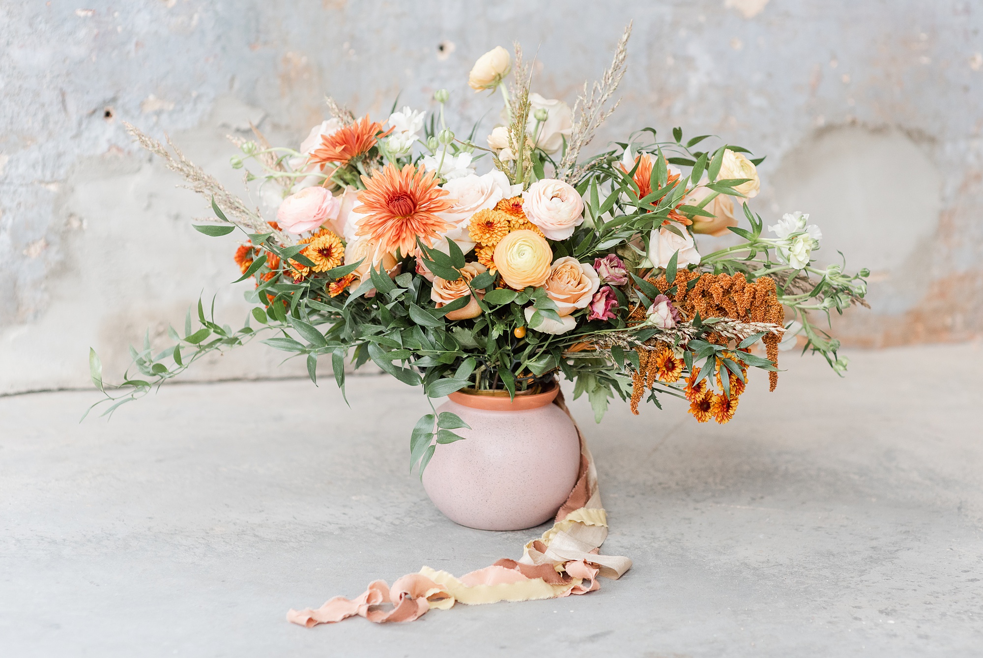 bride's bouquet in pink pot before NC wedding day