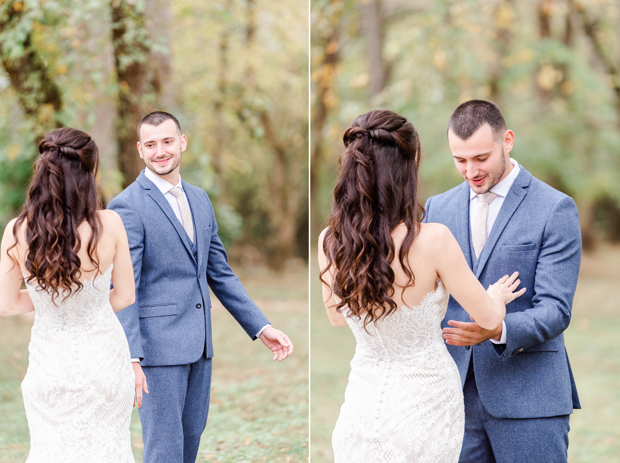 bride adjusts groom's jacket during first look at Providence Cotton Mill