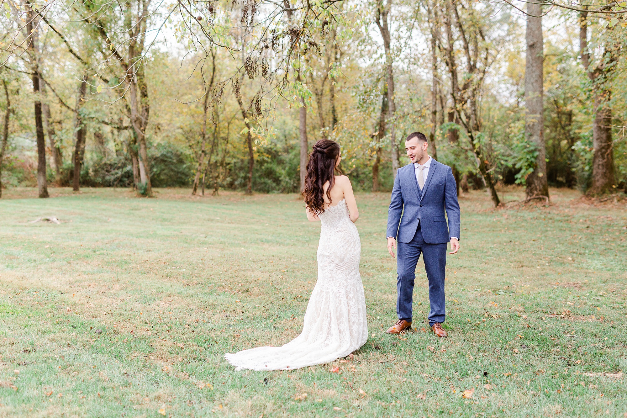 bride and groom's first look at Providence Cotton Mill