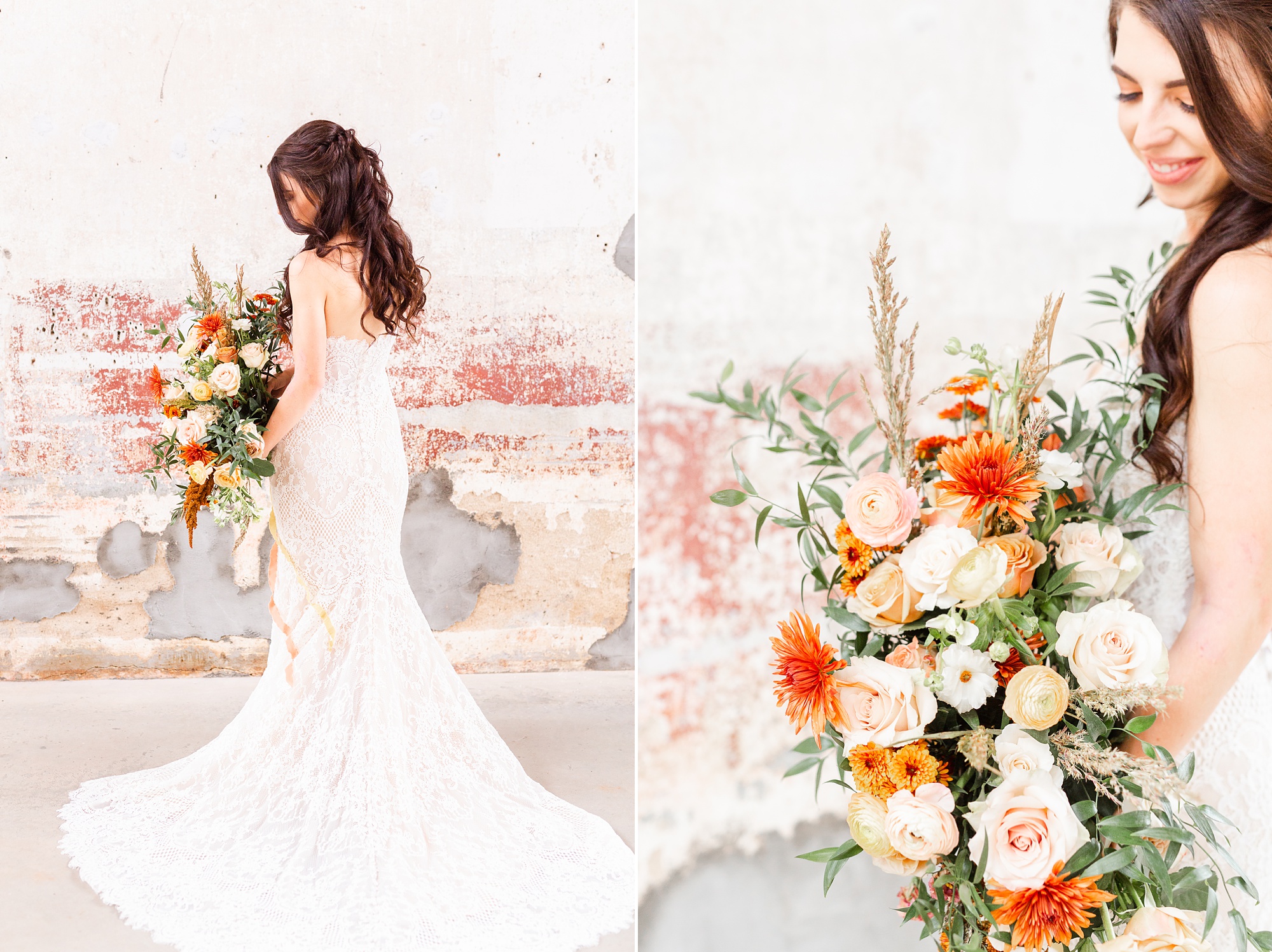 Providence Cotton Mill bridal portraits with bouquet of full flowers