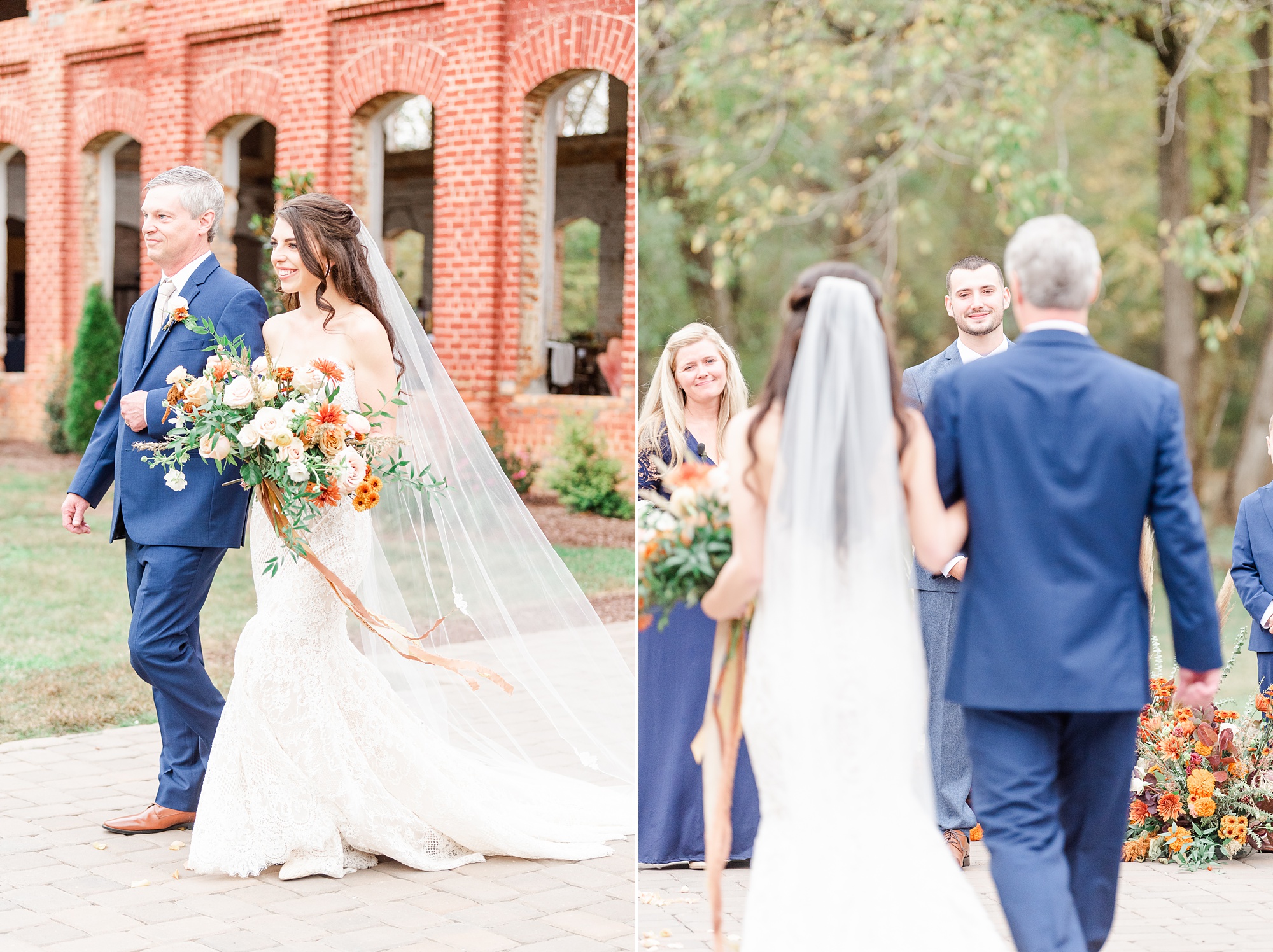 bride walks down aisle with father at Providence Cotton Mill