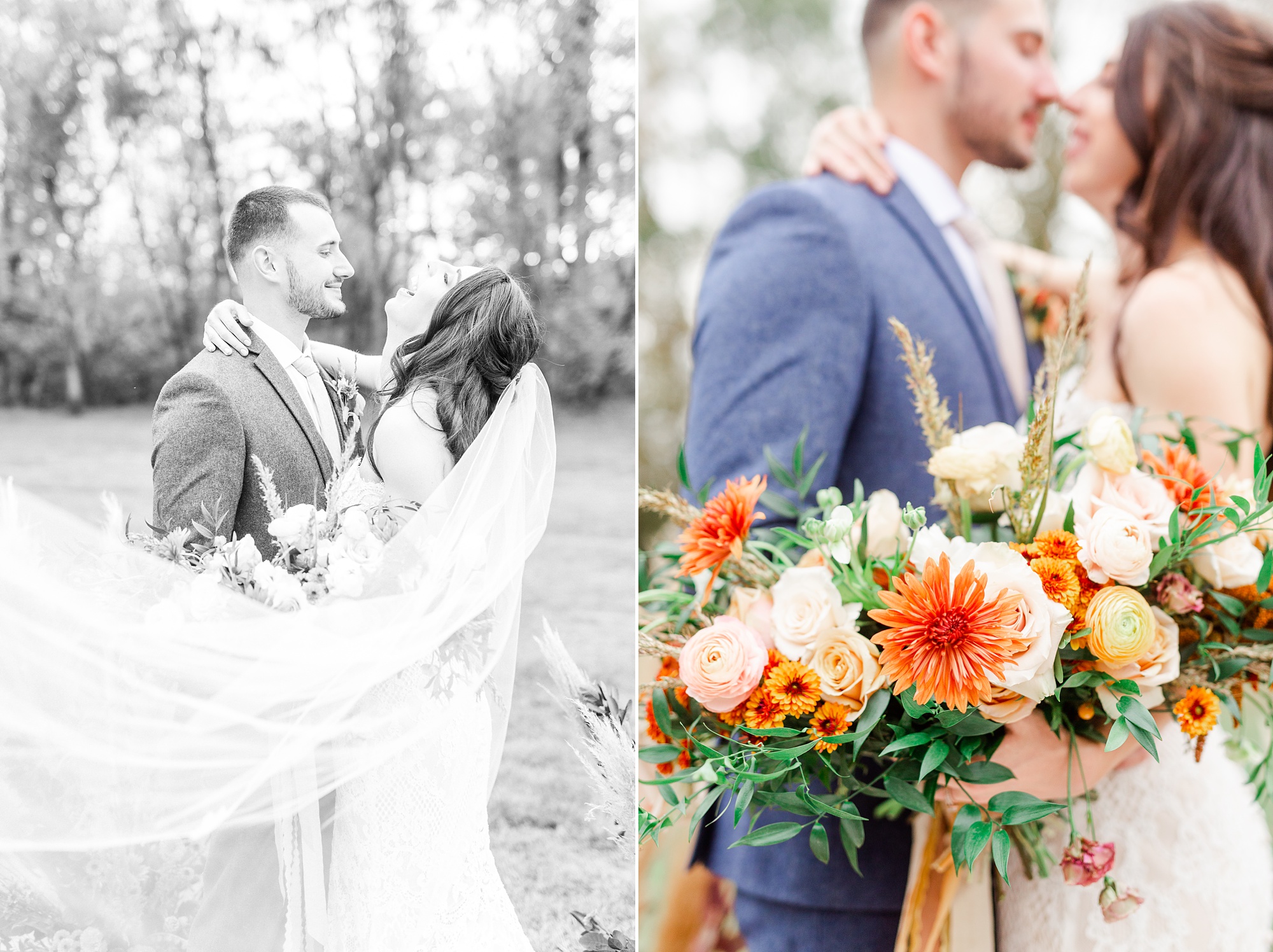 fall wedding portraits with bride laughing at groom